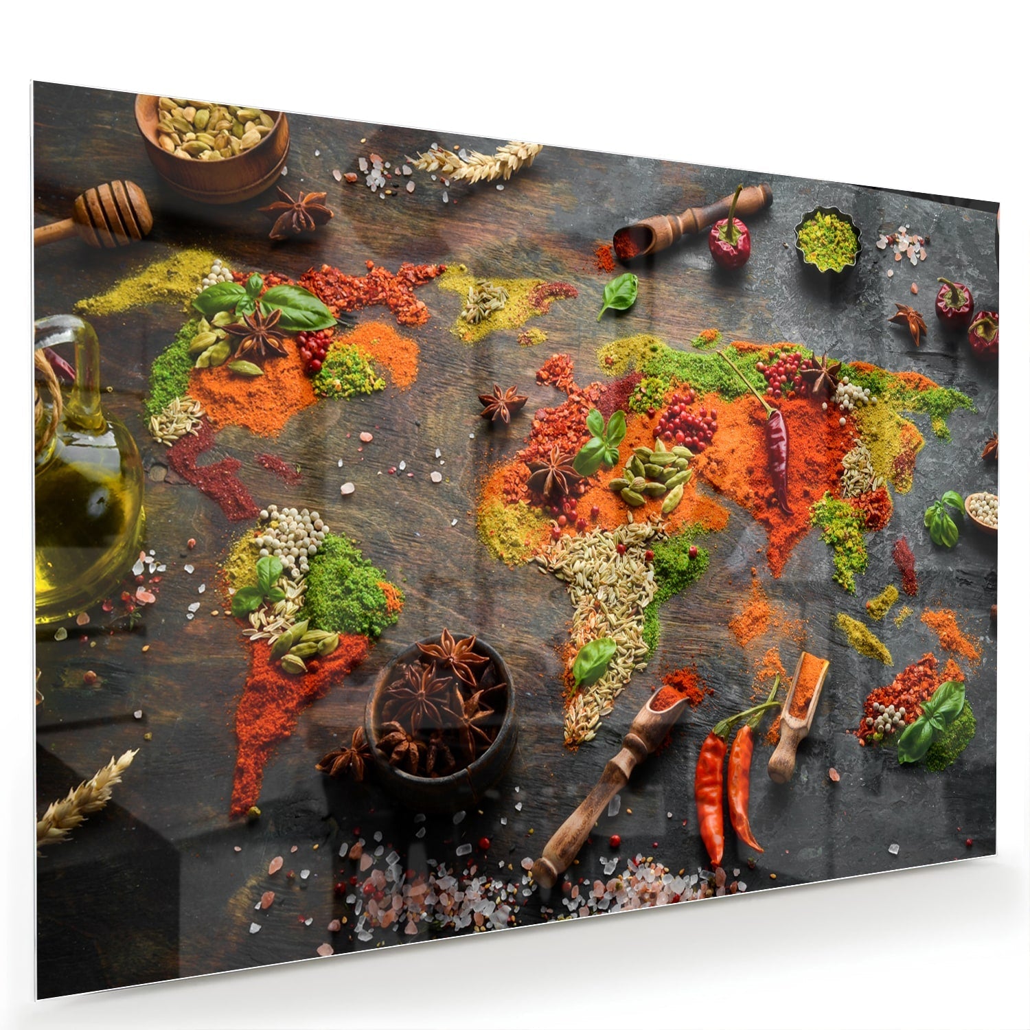 Farbenfrohes Glasbild mit Gewürzen und Gemüse – Glasbild aus Sicherheitsglas, Größe 60x40