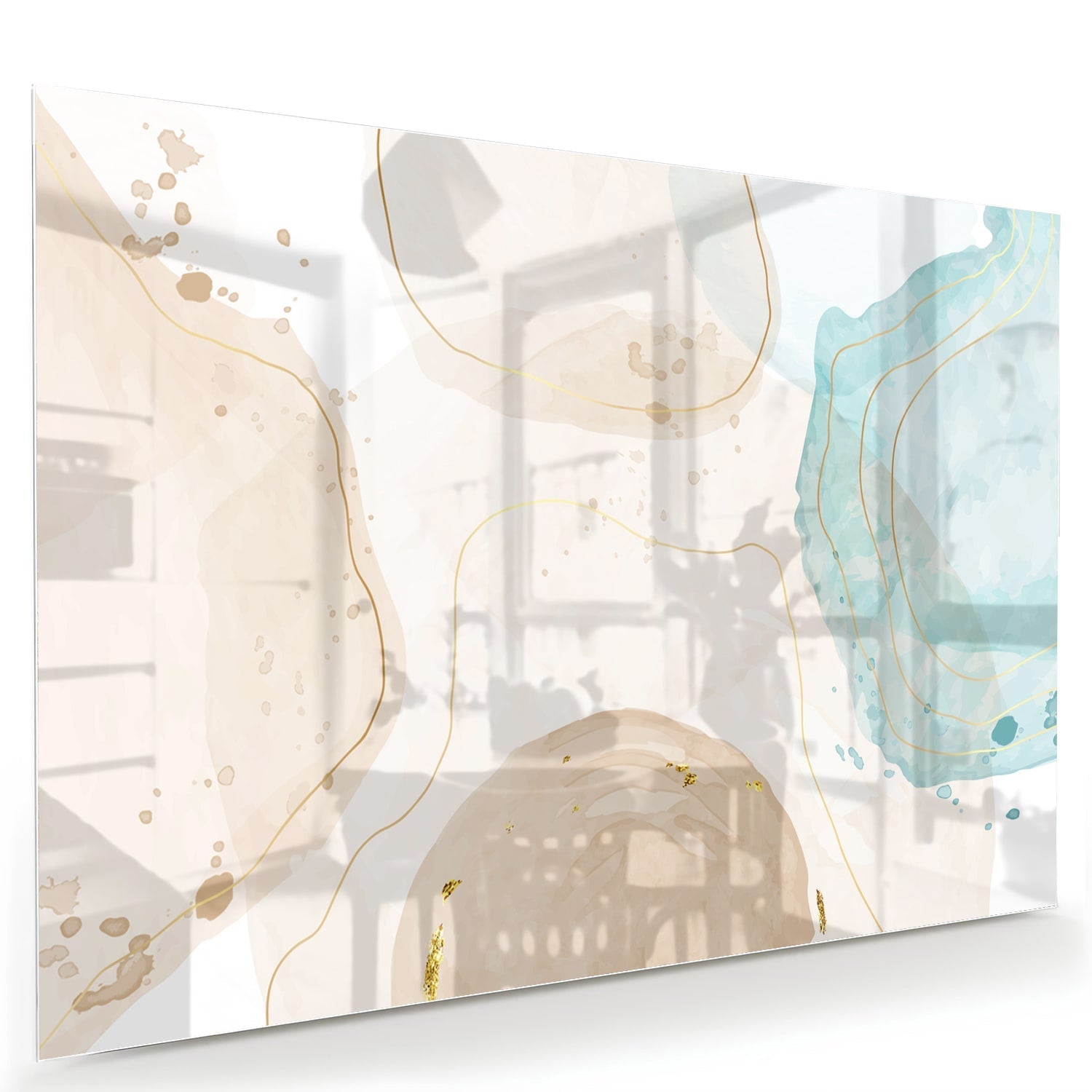 Elegantes Glasbild mit sanftem Aqua und goldenen Farbtönen – Glasbild aus Sicherheitsglas, Größe 60x40
