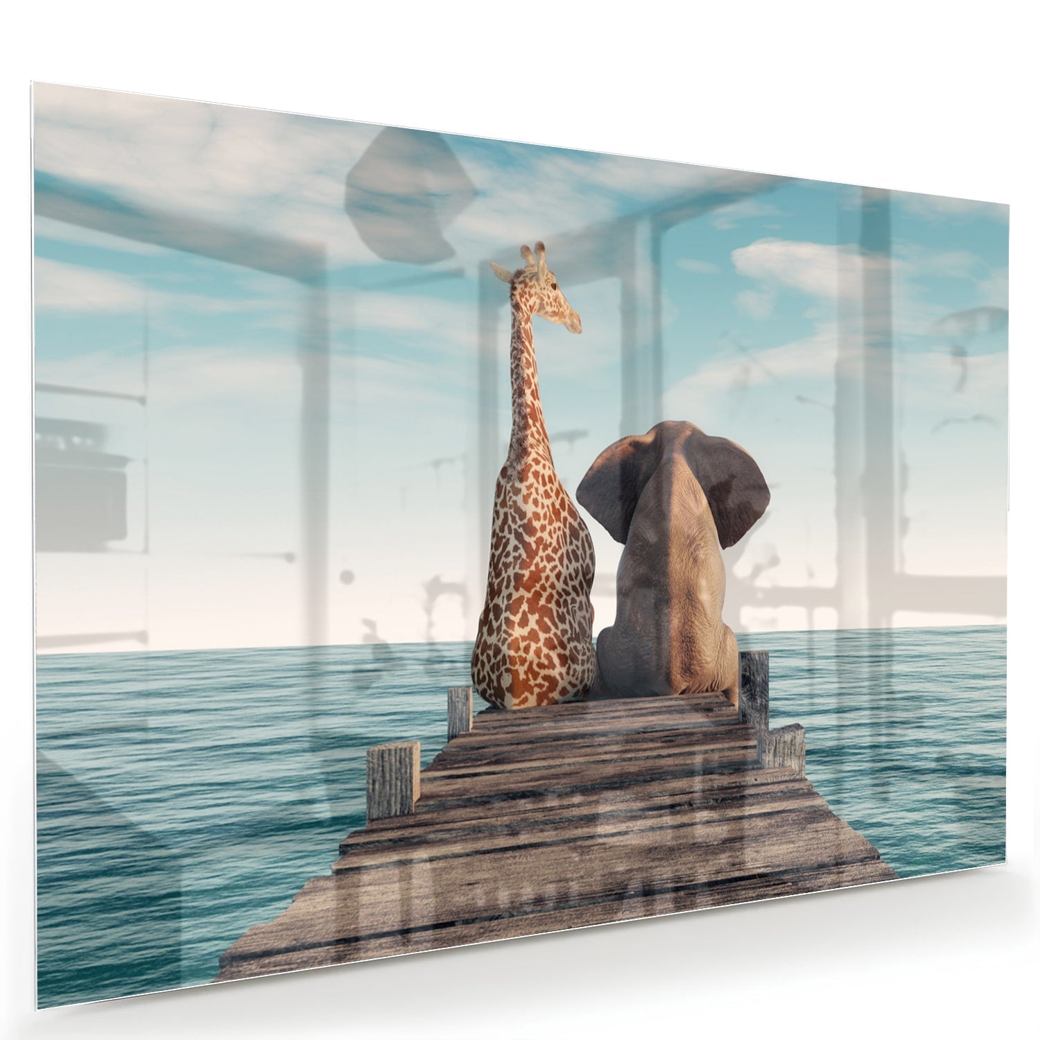 Glasbild mit verspielter Giraffe und Elefant auf einem Holzsteg – Glasbild aus Sicherheitsglas, Größe 60x40