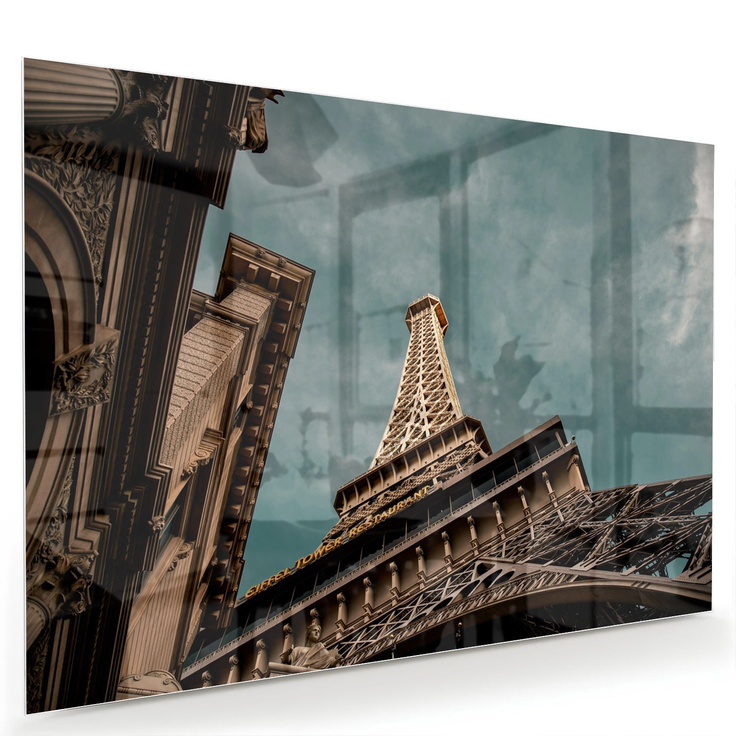 Glasbild mit dem Eiffelturm in luxuriöser Optik – Glasbild aus Sicherheitsglas, Größe 60x40
