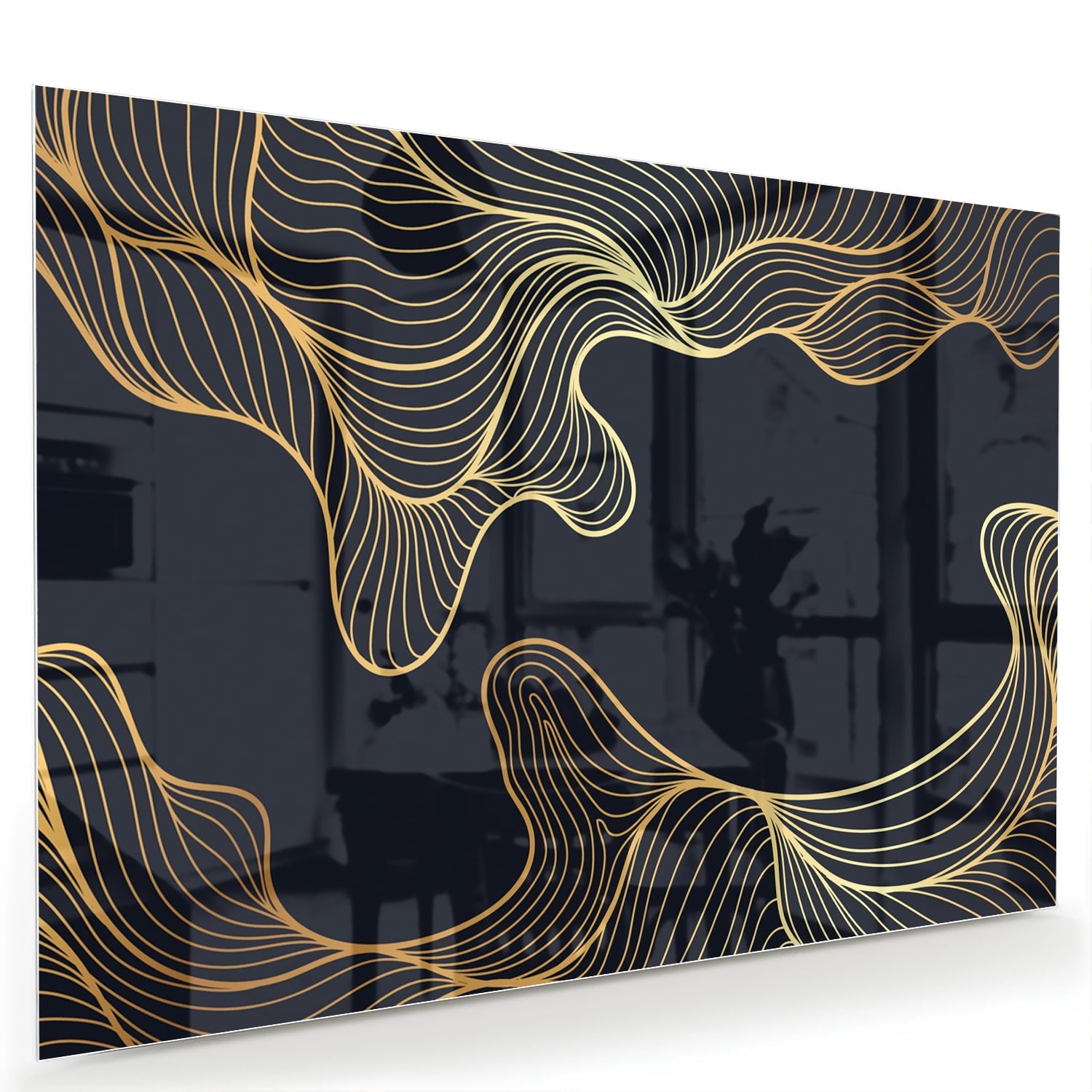Elegantes Glasbild mit goldenen Linien auf dunkelblauem Hintergrund – Glasbild aus Sicherheitsglas, Größe 60x40