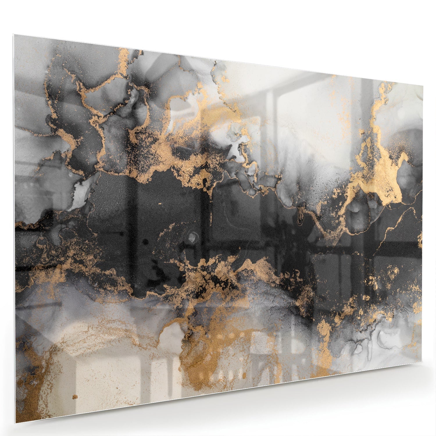 Elegantes Glasbild mit Gold und Schwarz – Glasbild aus Sicherheitsglas, Größe 60x40