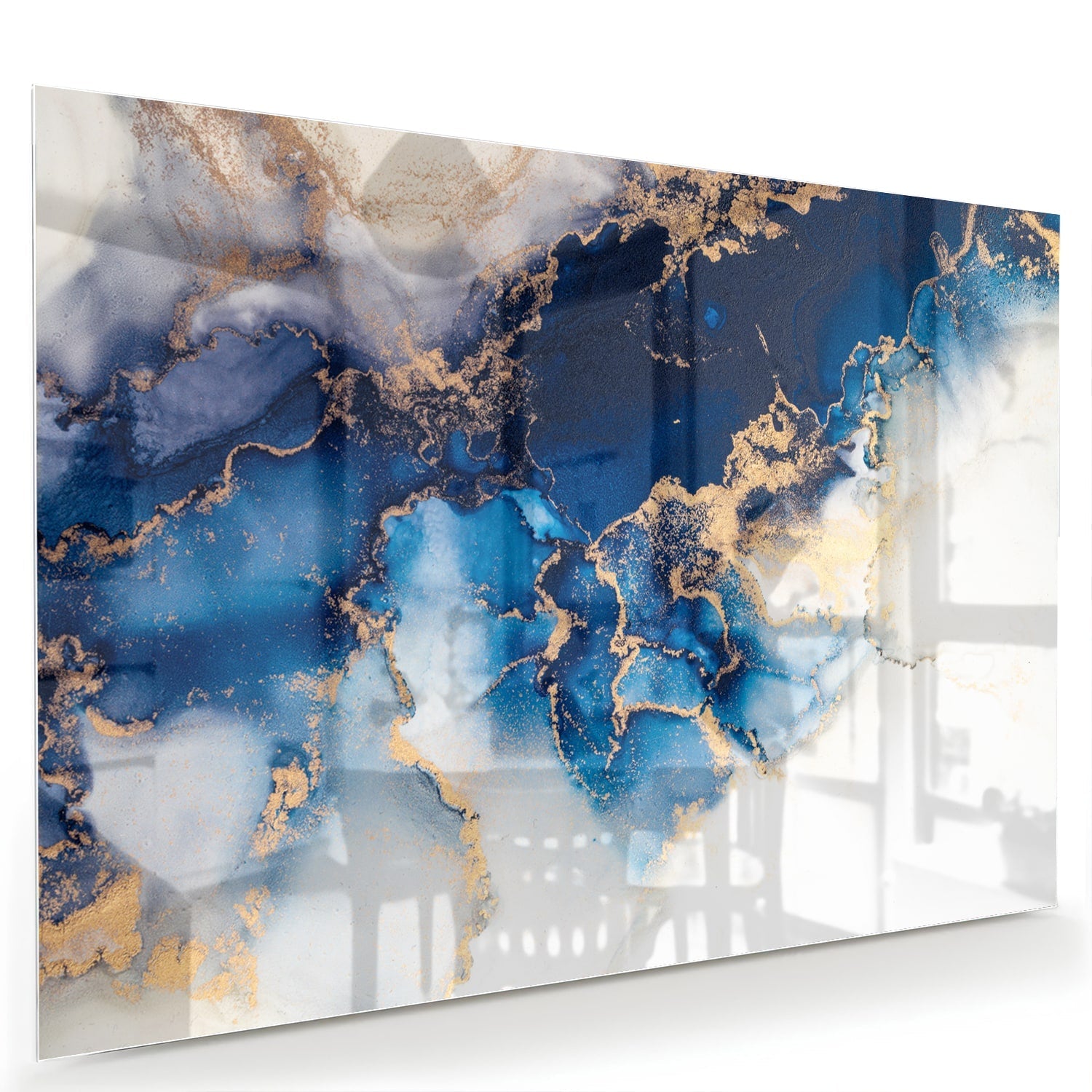 Mehrschichtiges Glasbild in Blau und Gold – Glasbild aus Sicherheitsglas, Größe 60x40
