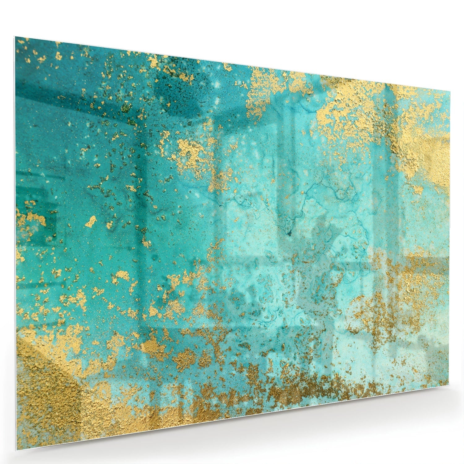 Glasbild mit goldenen Akzenten auf Türkis – Glasbild aus Sicherheitsglas, Größe 60x40