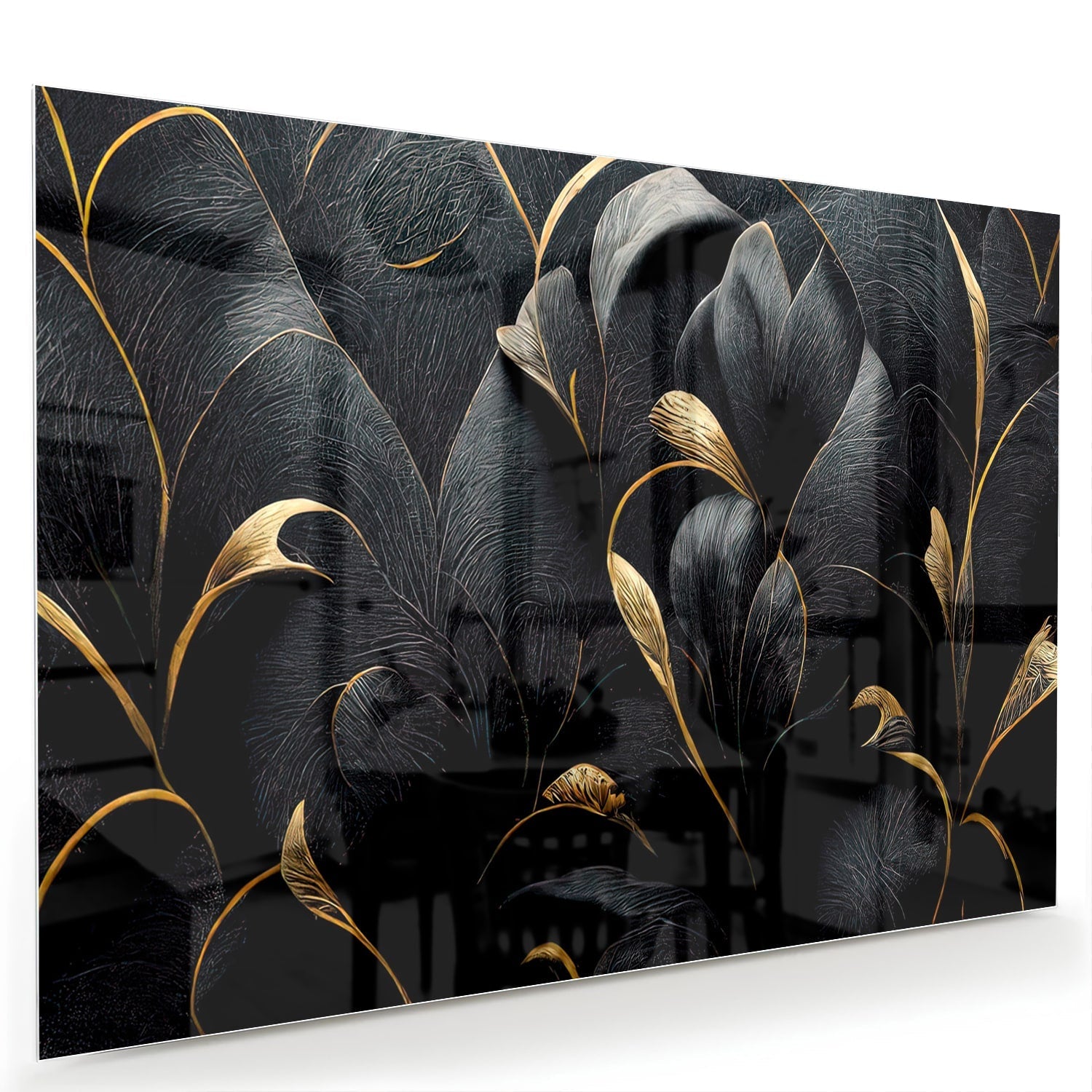 Elegantes Glasbild mit goldenen Blättern – Glasbild aus Sicherheitsglas, Größe 60x40