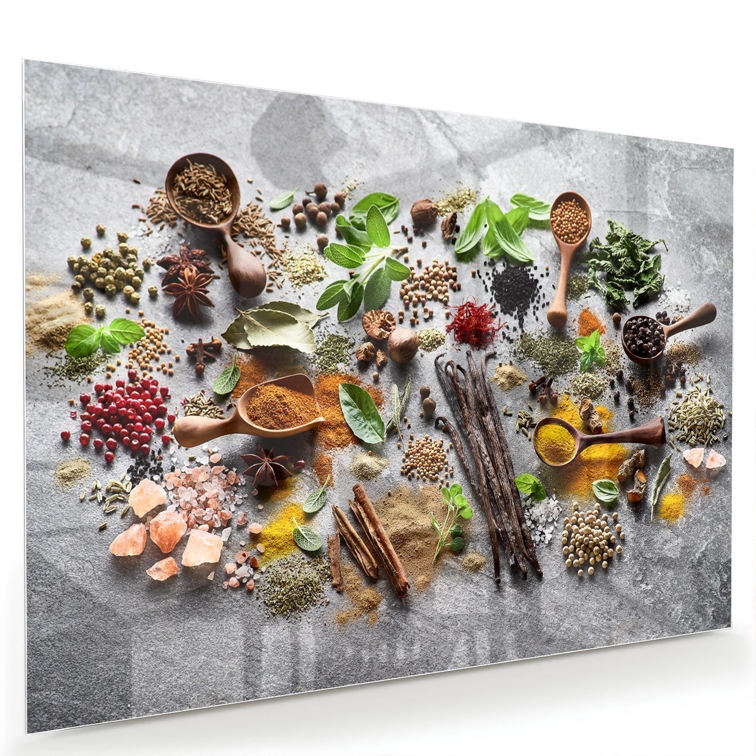 Farbenfrohes Glasbild mit Kräutern und Gewürzen – Glasbild aus Sicherheitsglas, Größe 60x40
