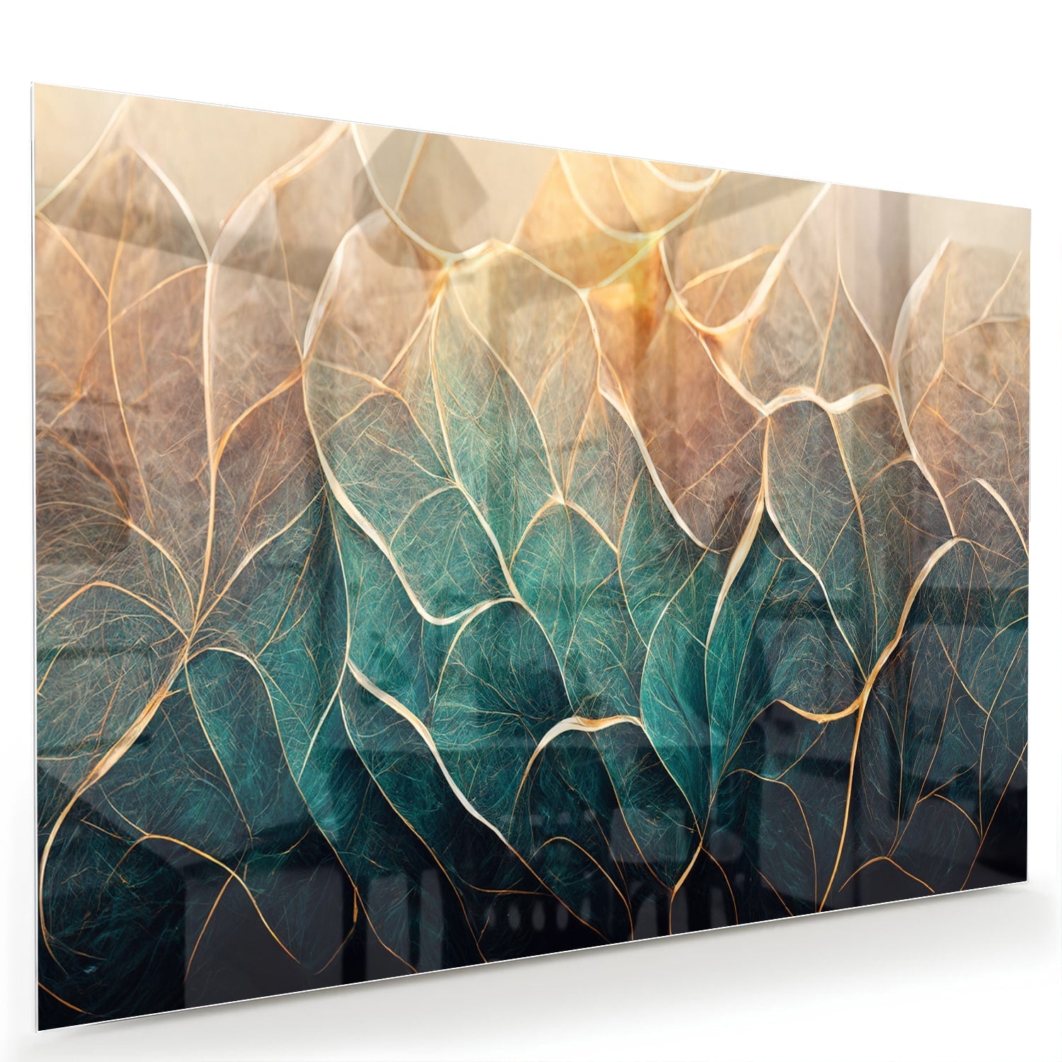 Glasbild mit Blättern und goldenen Linien – Glasbild aus Sicherheitsglas, Größe 60x40