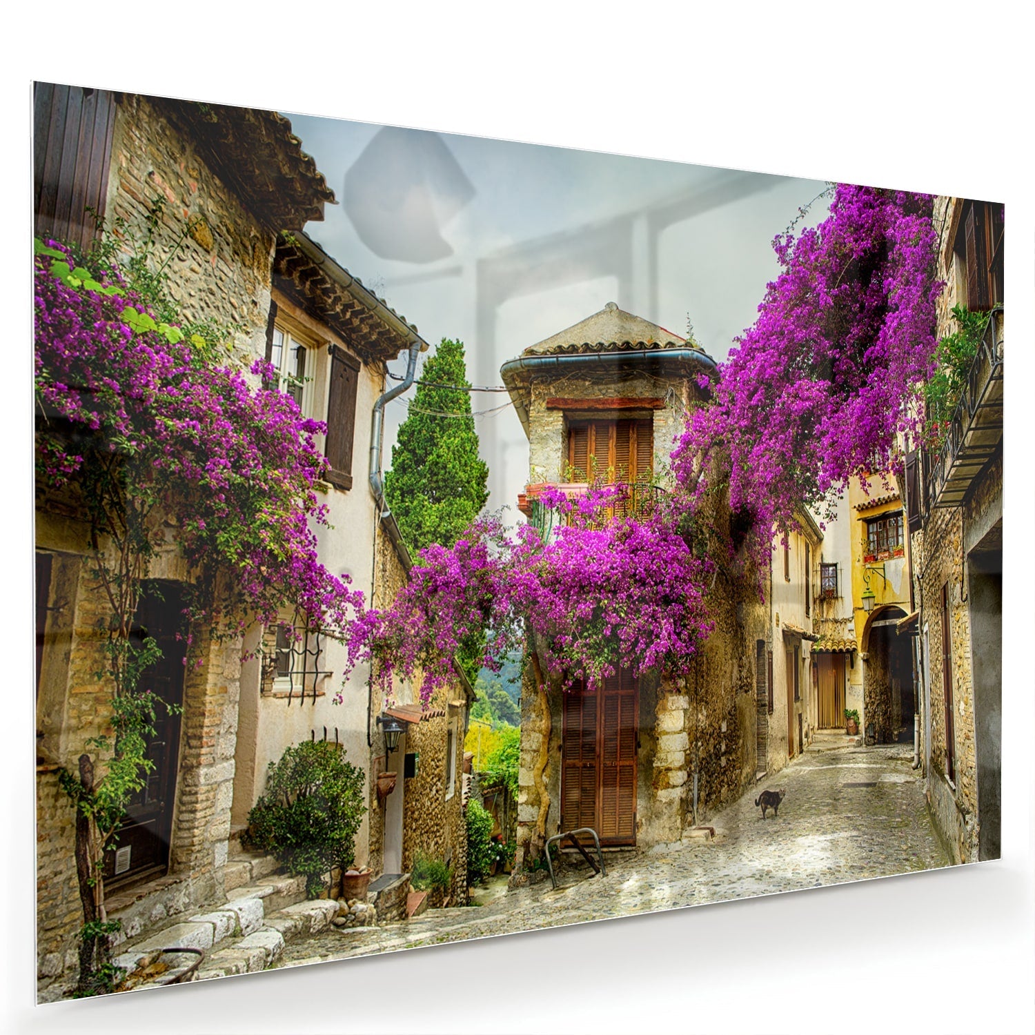 Glasbild mit stimmungsvoller Straßenansicht und violetten Blüten – Glasbild aus Sicherheitsglas, Größe 60x40