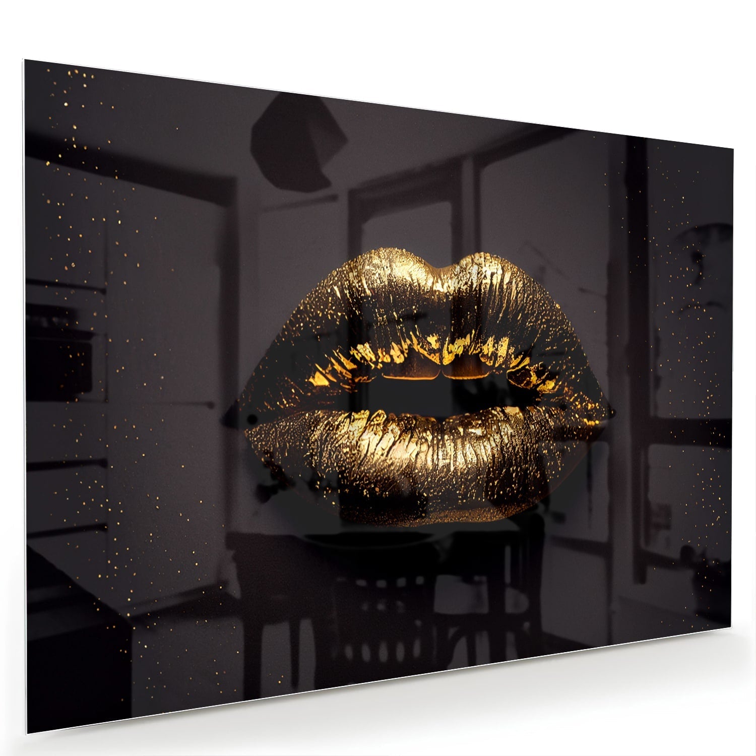Glasbild mit goldenen Lippen für ein luxuriöses Interieur – Glasbild aus Sicherheitsglas, Größe 60x40