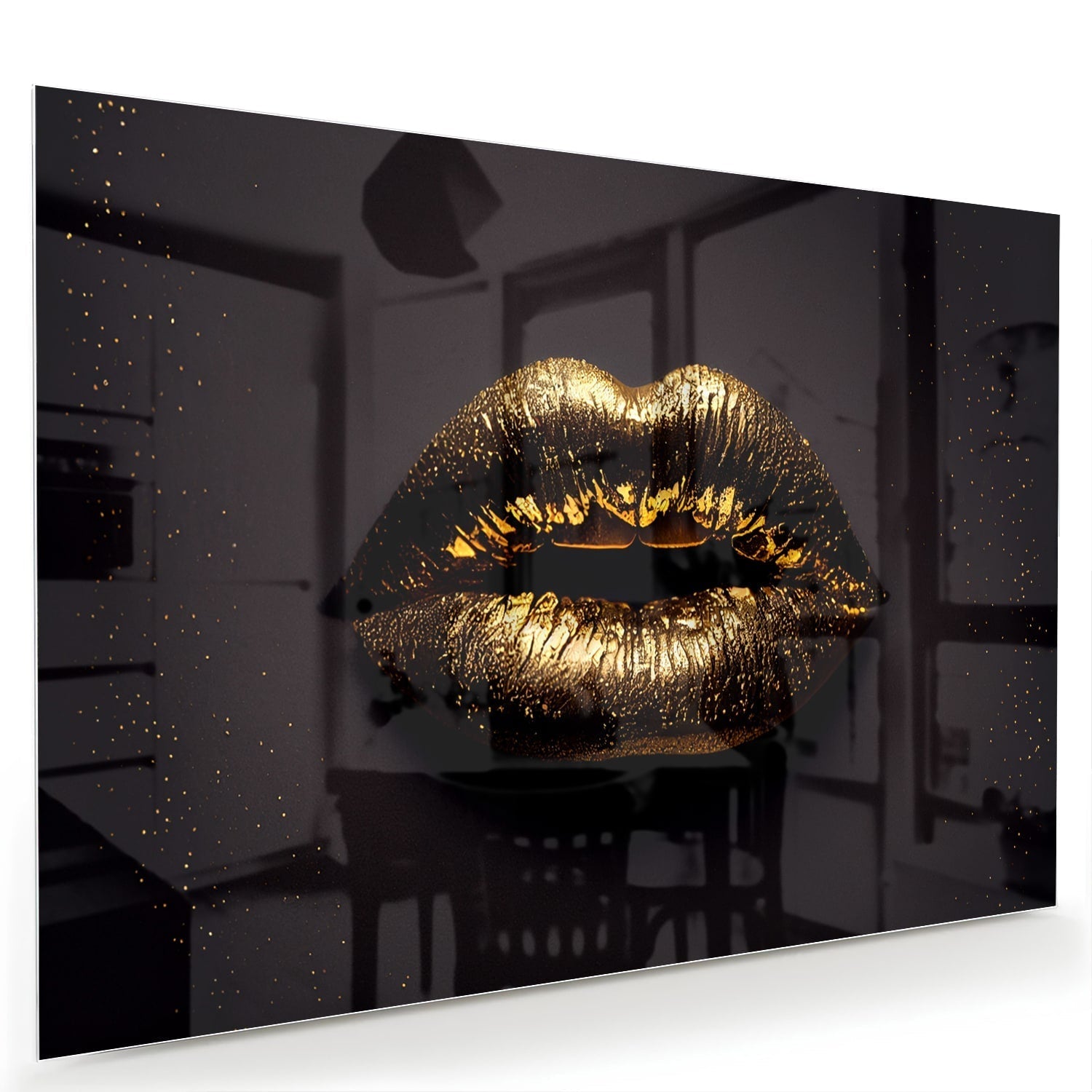 Goldenen Lippen Glasbild für ein Luxe Interieur als moderne Glas-Wanddekoration aus 4 mm Sicherheitsglas