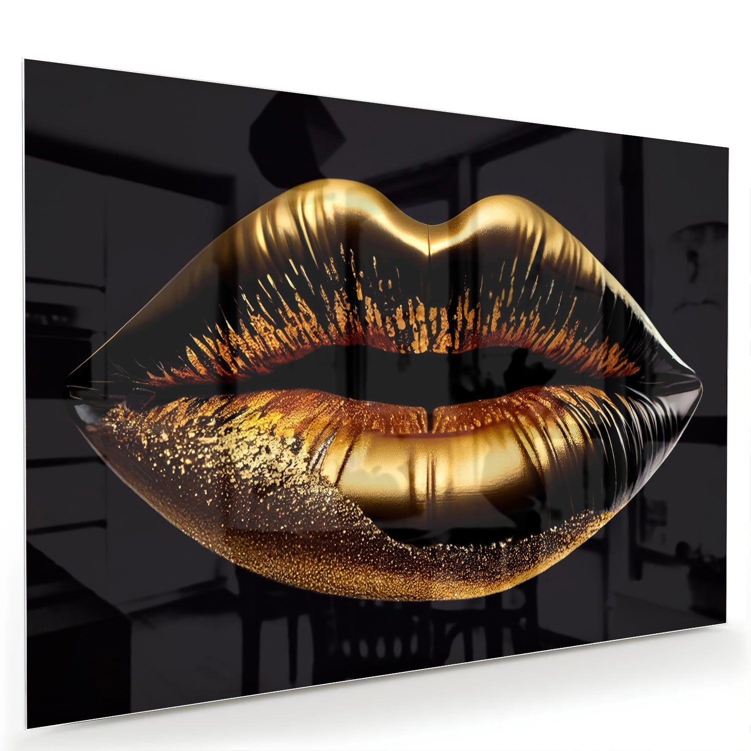 Glasbild mit goldenen Lippen – elegante Wanddekoration – Glasbild aus Sicherheitsglas, Größe 60x40