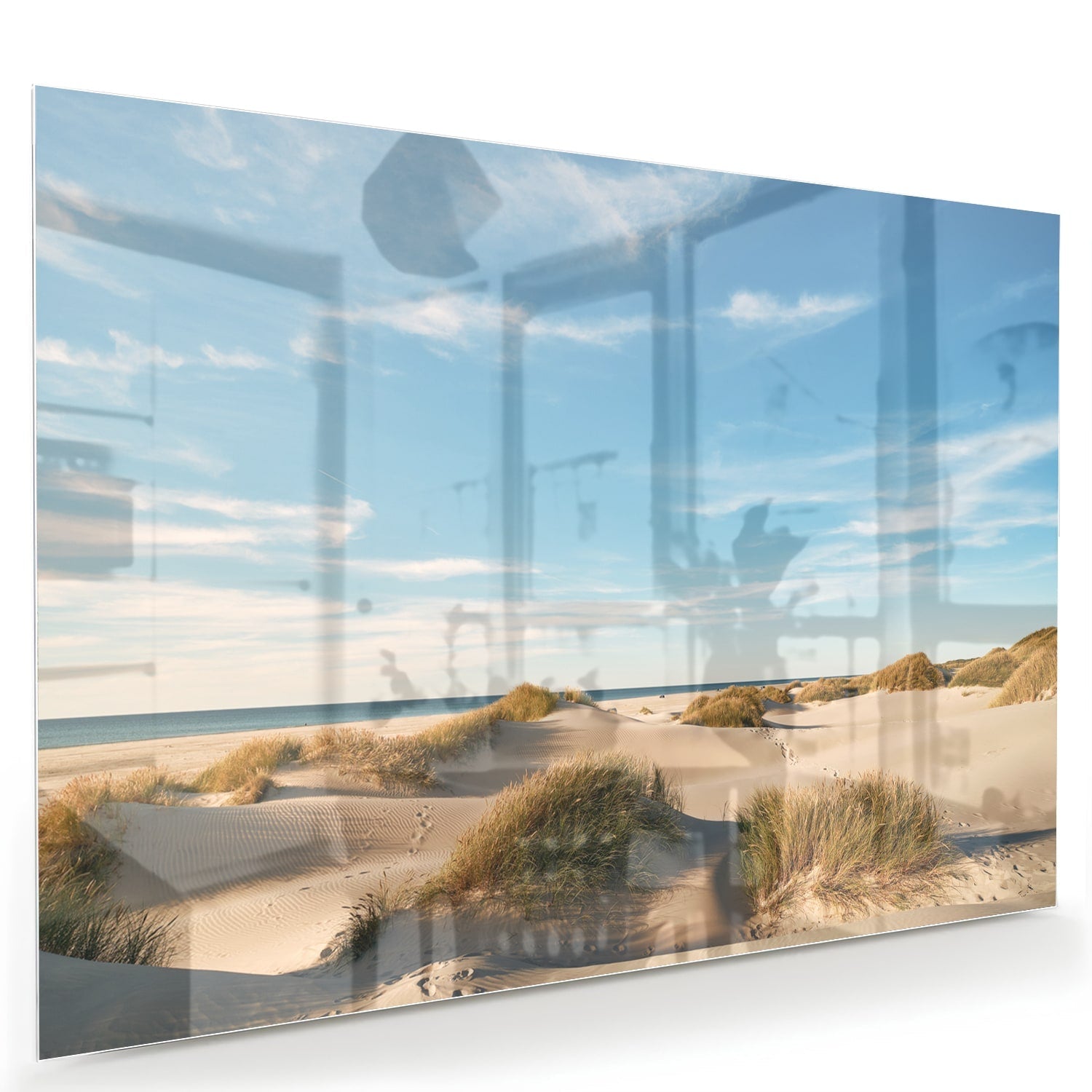 Glasbild mit Dünen und blauem Himmel – Glasbild aus Sicherheitsglas, Größe 60x40