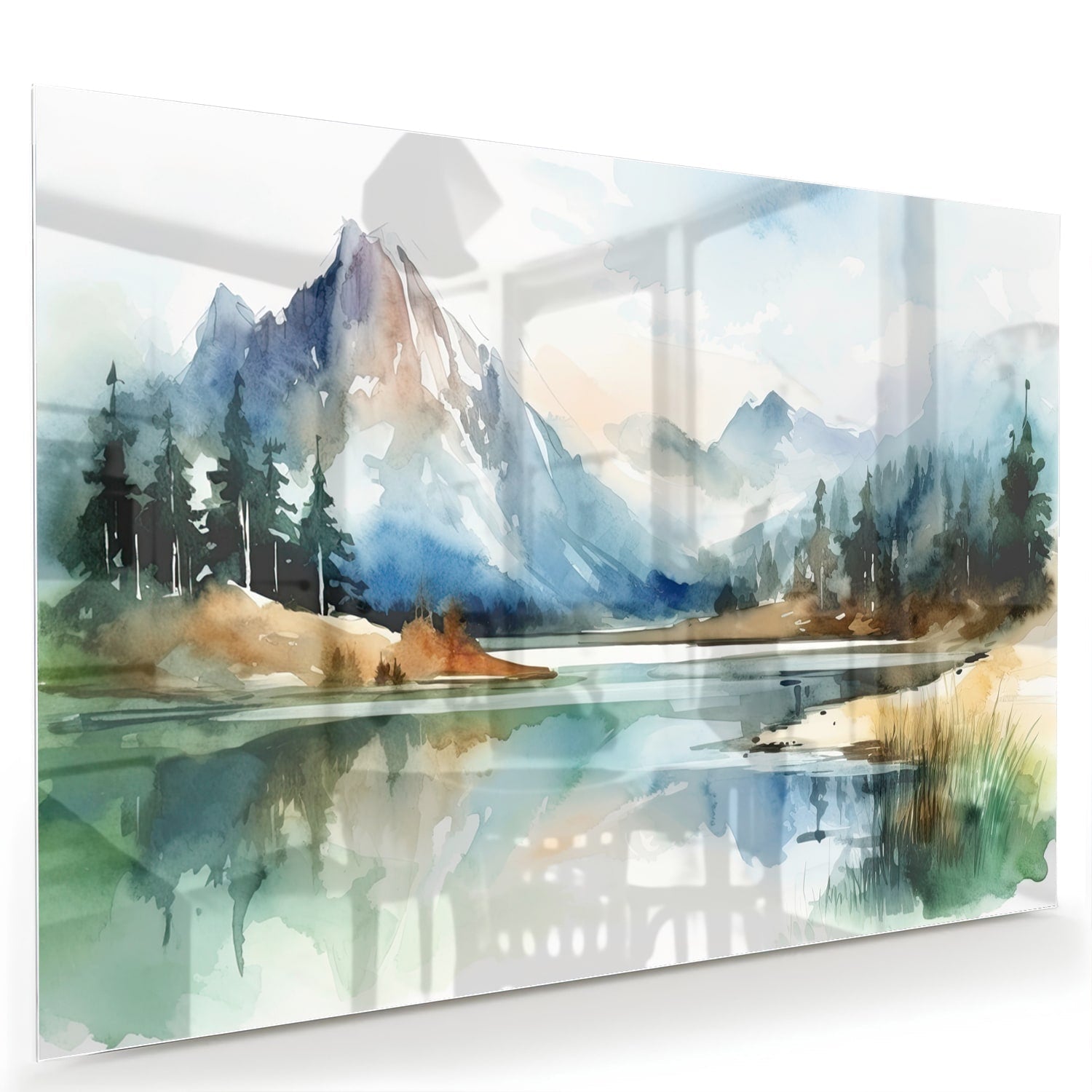 Glasbild mit Bergen und See im Aquarellstil – Glasbild aus Sicherheitsglas, Größe 60x40