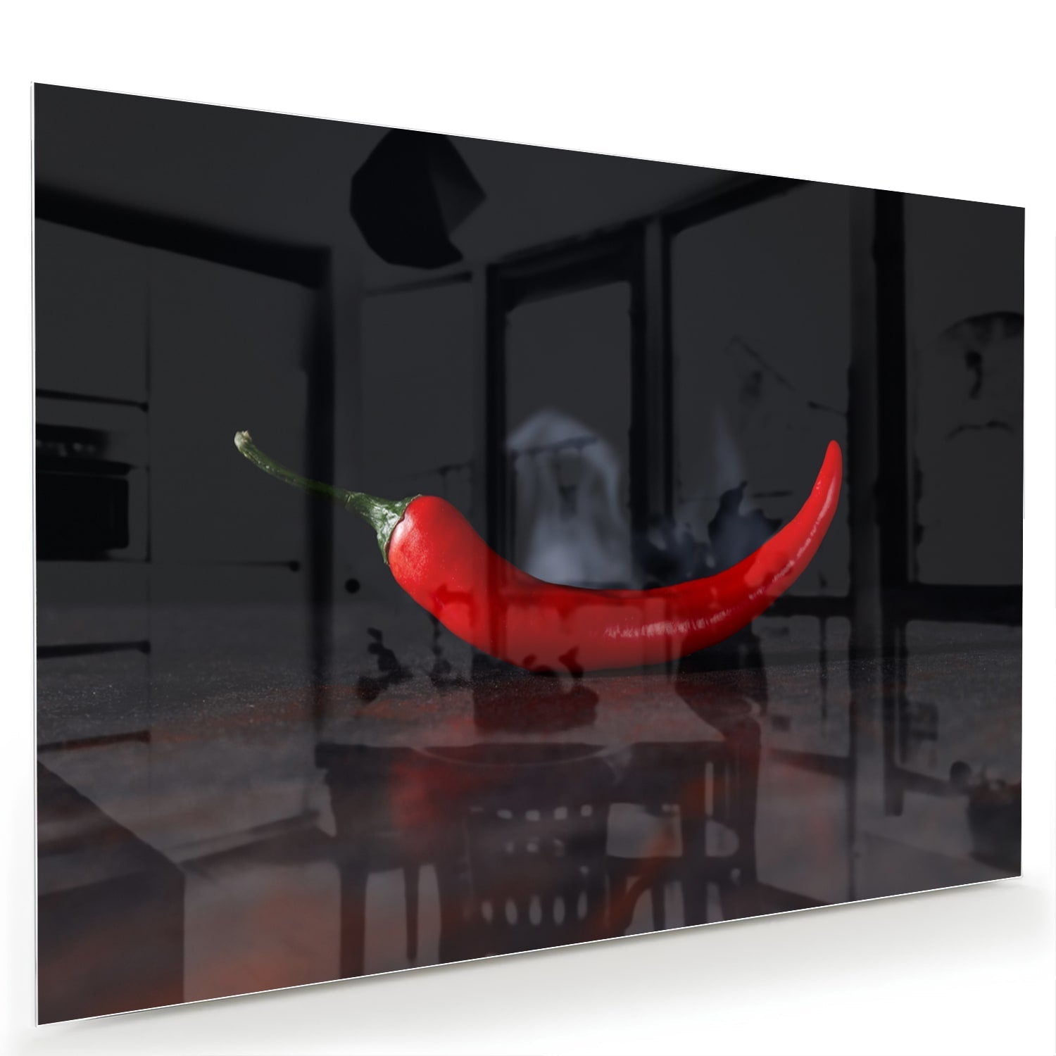 Glasbild – Tiefrote Paprika auf schwarzem Hintergrund – Glasbild aus Sicherheitsglas, Größe 60x40
