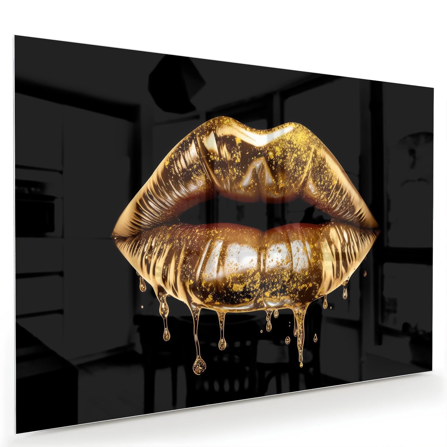 Glasbild mit goldenen Lippen – Wanddekoration für elegante Innenräume – Glasbild aus Sicherheitsglas, Größe 60x40