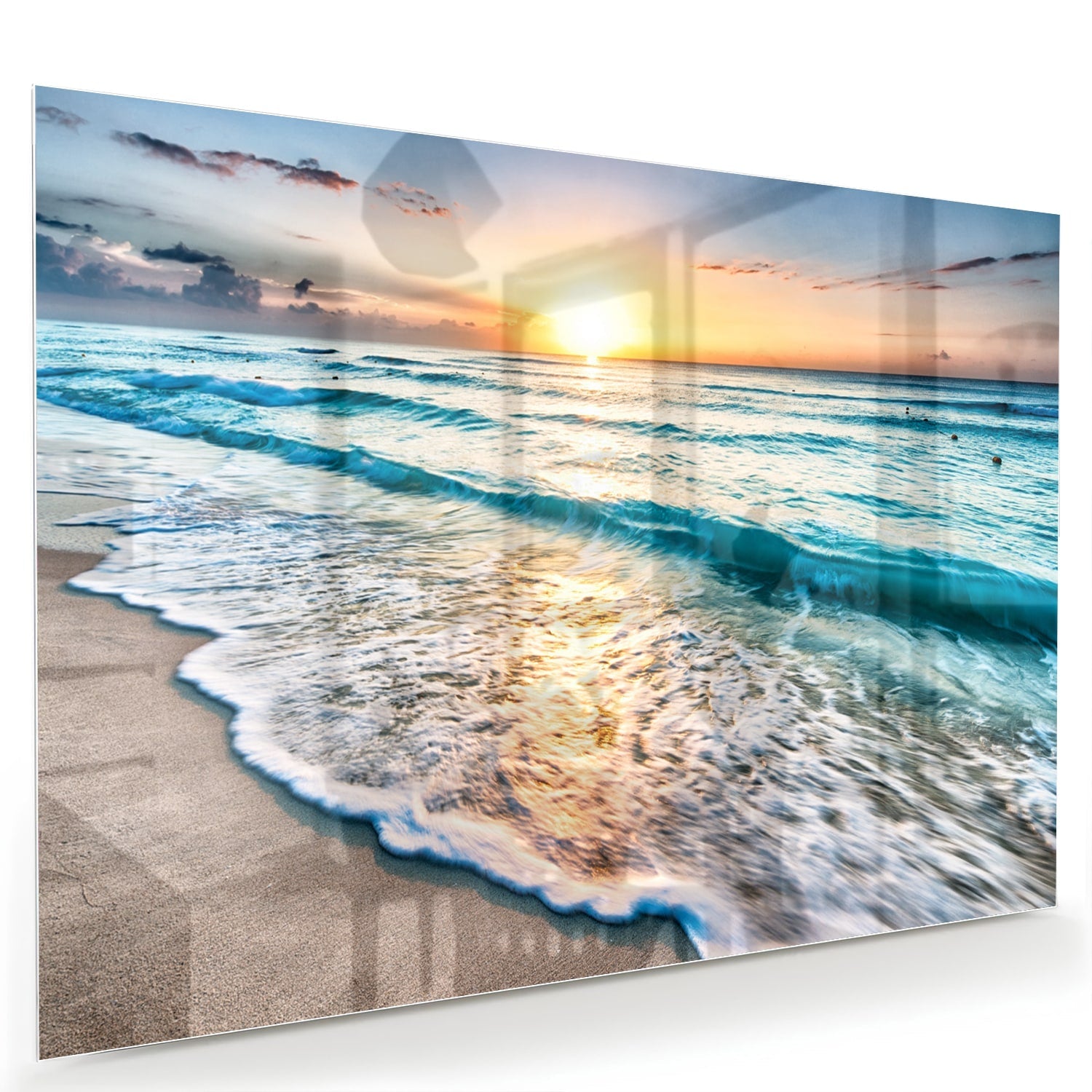 Wunderschönes Glasbild mit einem Sonnenuntergang am See – Glasbild aus Sicherheitsglas, Größe 60x40