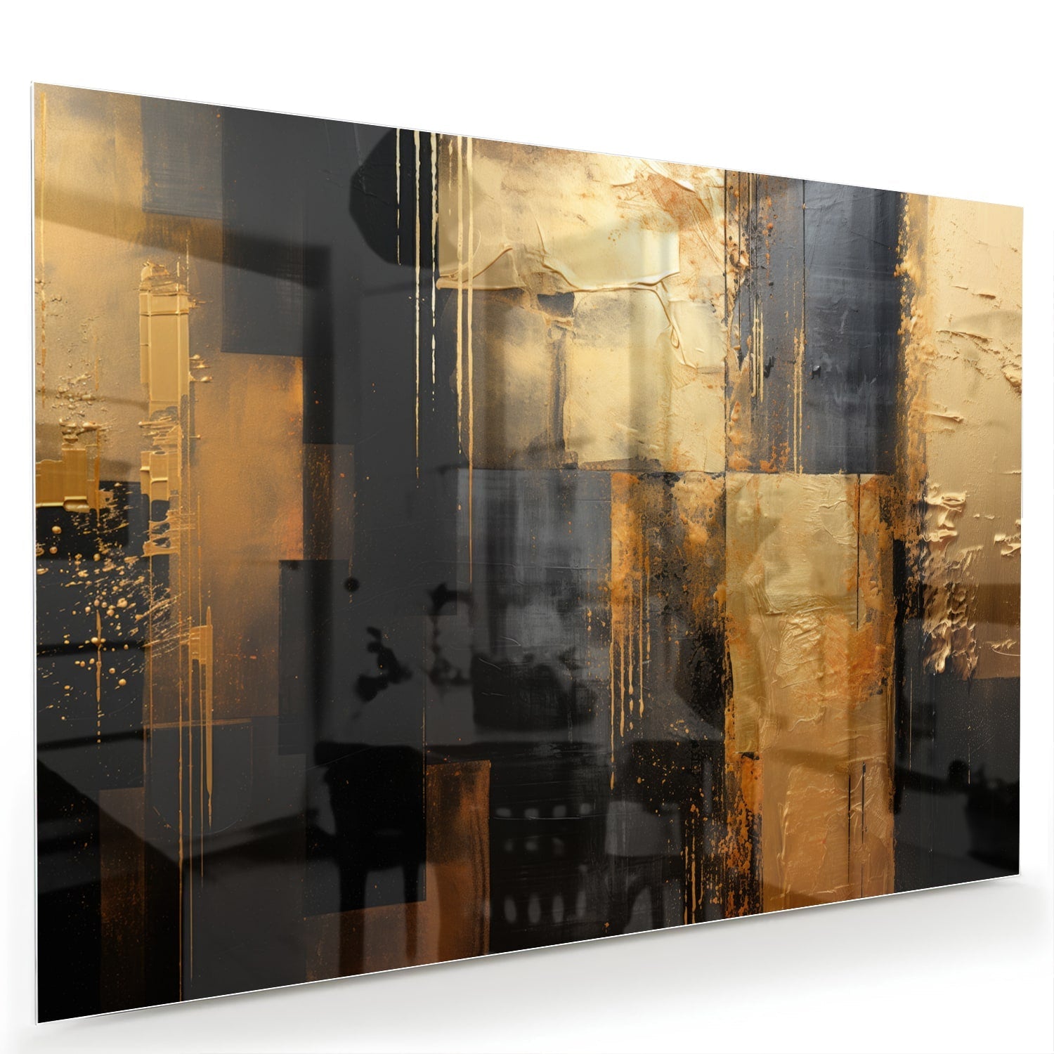 Abstraktes Glasbild in Gold und Schwarz – Glasbild aus Sicherheitsglas, Größe 60x40