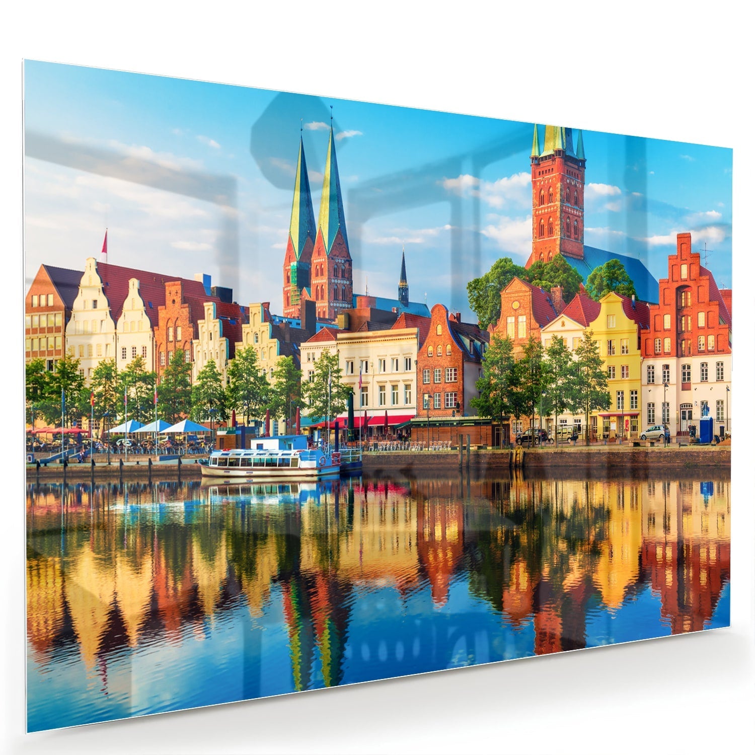 Farbenfrohes Glasbild mit einer Stadtlandschaft – Glasbild aus Sicherheitsglas, Größe 60x40