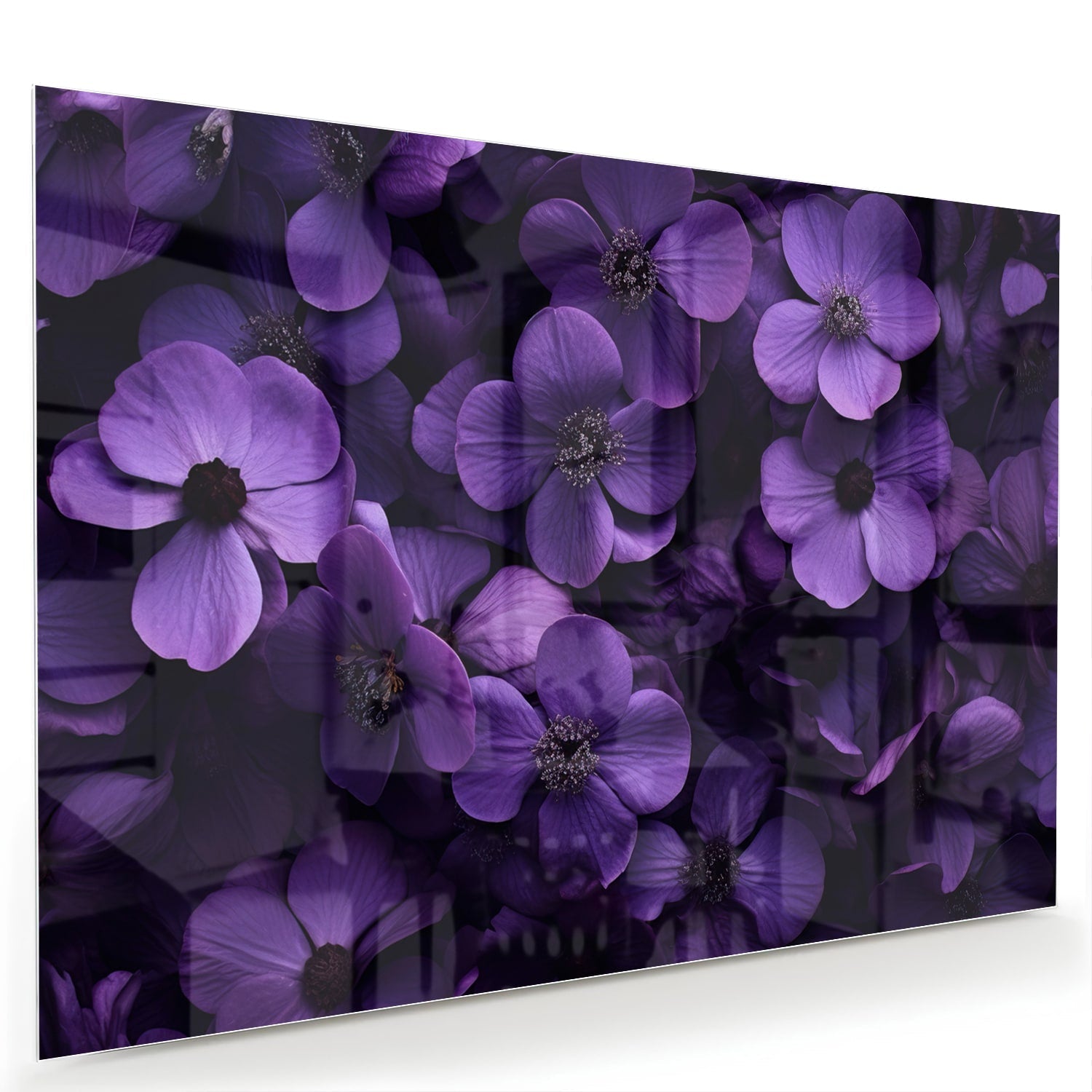 Glasbild mit violetten Blumen für Ihr Interieur – Glasbild aus Sicherheitsglas, Größe 60x40