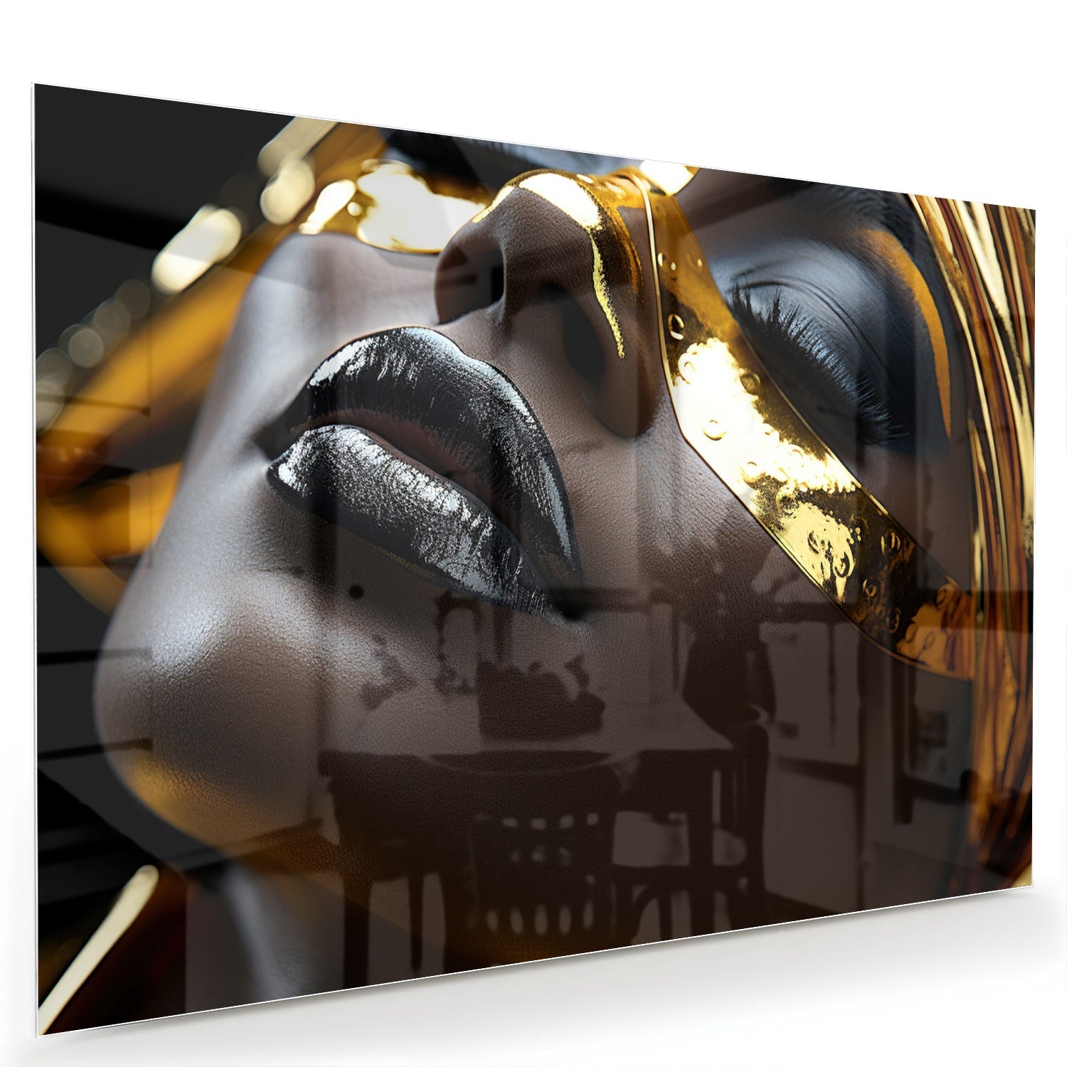 Goldenes und schwarzes Glasbild mit weiblichem Gesicht – Glasbild aus Sicherheitsglas, Größe 60x40