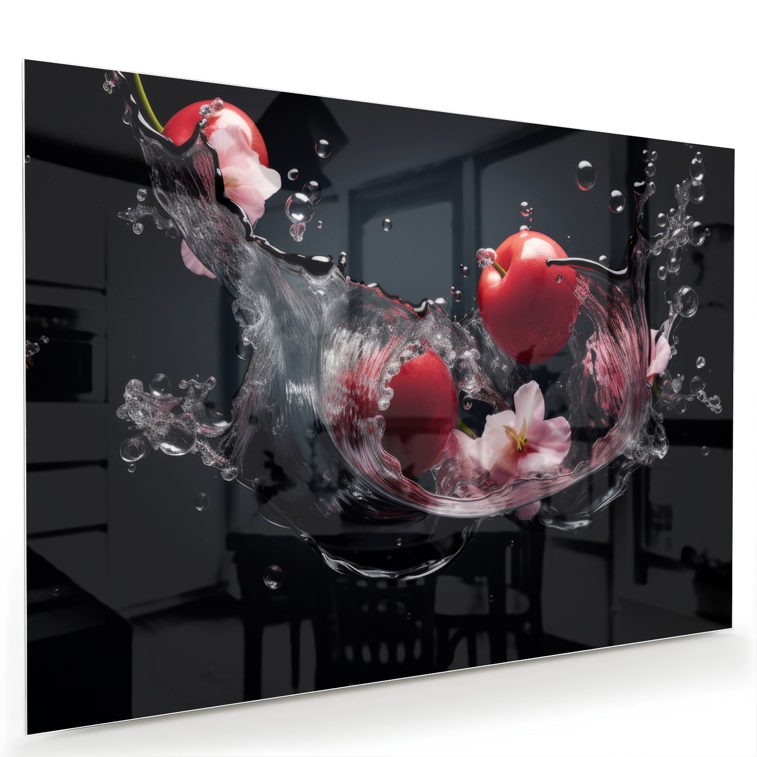 Glasbild mit rosa Blumen und Wassertropfen – Glasbild aus Sicherheitsglas, Größe 60x40