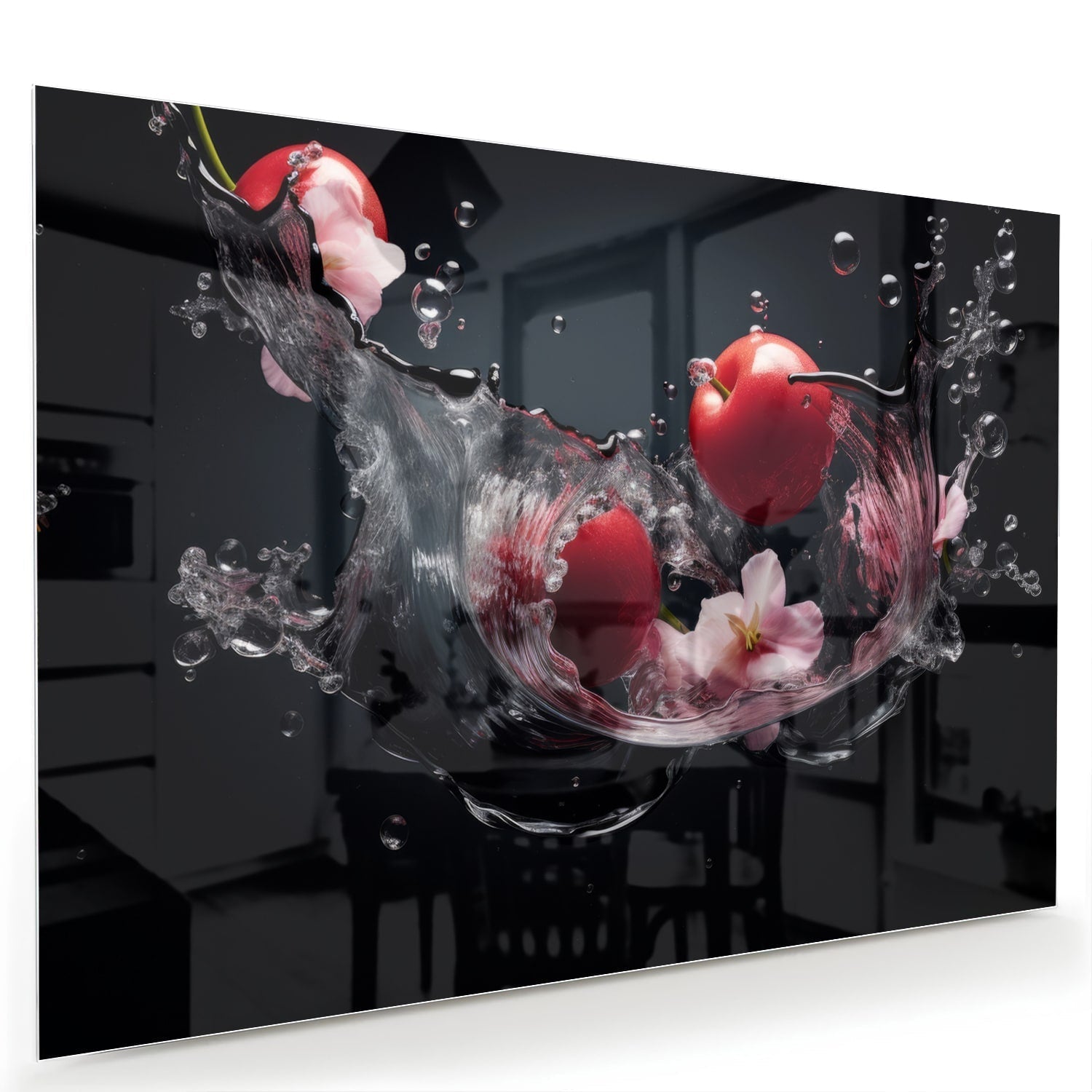 Glasbild mit rosa Blumen und Wassertropfen als moderne Glas-Wanddekoration aus 4 mm Sicherheitsglas