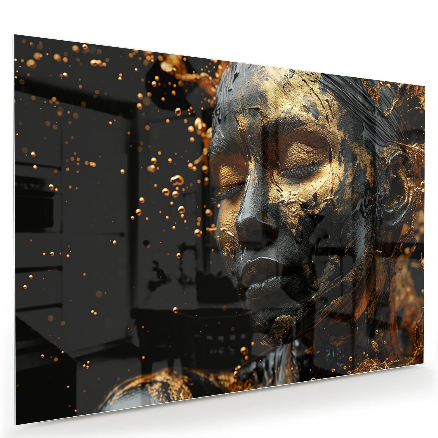 Goldenes Glasbild mit weiblichem Porträt – Glasbild aus Sicherheitsglas, Größe 60x40
