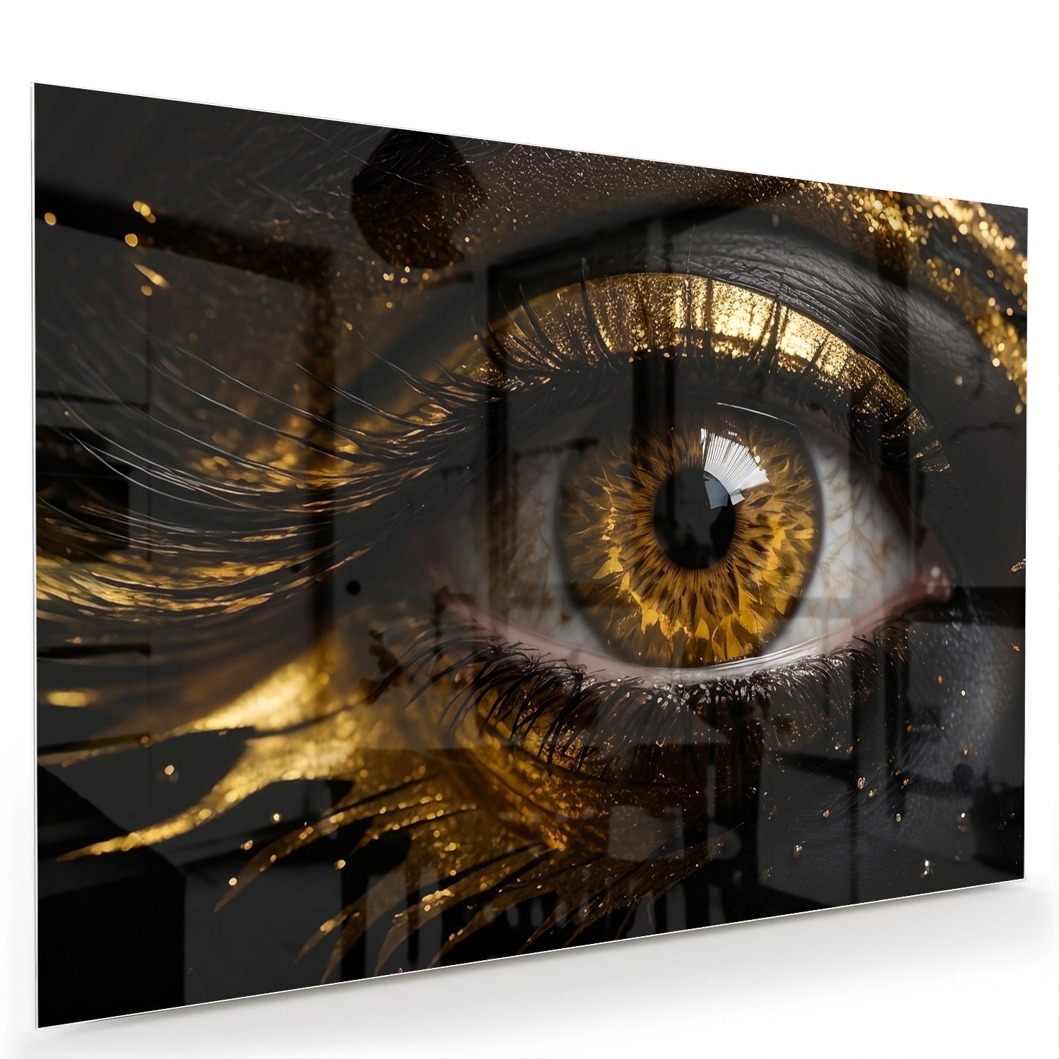 Glasbild Augen-Kunstwerk in Gold und Schwarz – Glasbild aus Sicherheitsglas, Größe 60x40