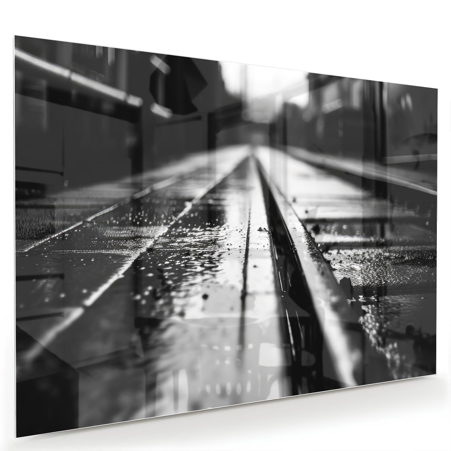 Schwarz-Weiß-Glasbild mit nassen Straßen – Glasbild aus Sicherheitsglas, Größe 60x40
