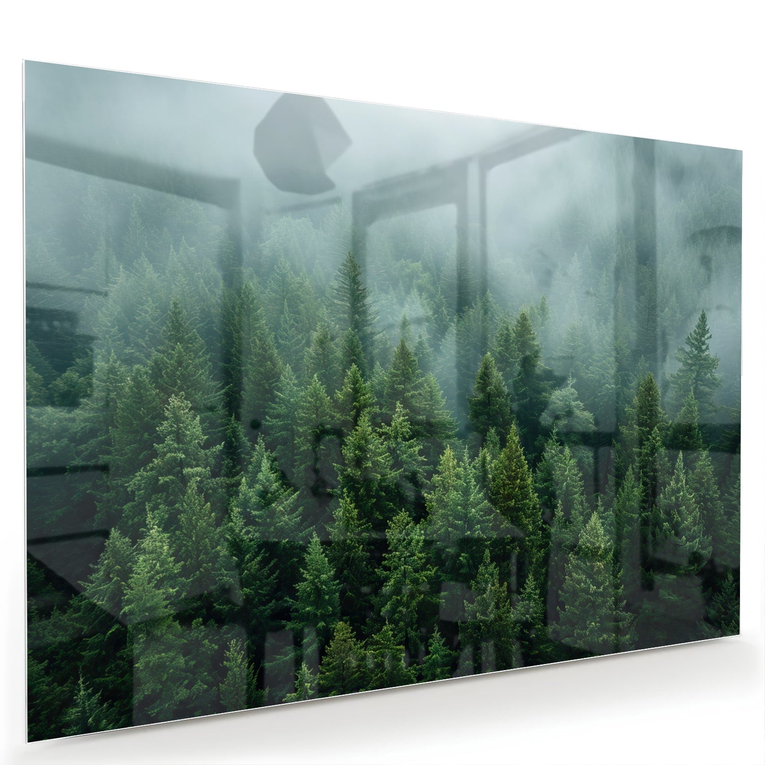 Glasbild mit nebligen Tannenwäldern – Glasbild aus Sicherheitsglas, Größe 60x40