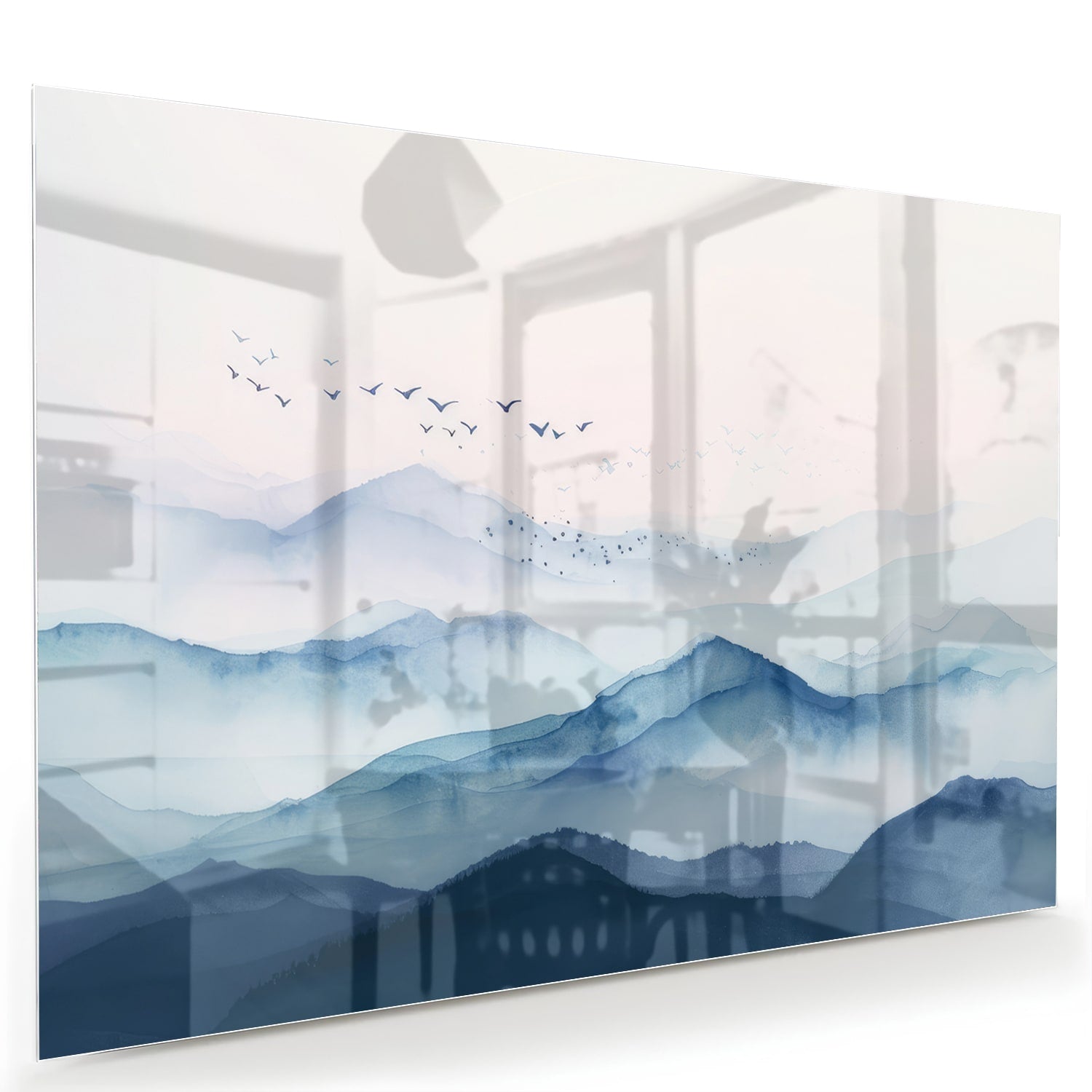 Ruhiges Glasbild mit blauen Bergen – Glasbild aus Sicherheitsglas, Größe 60x40