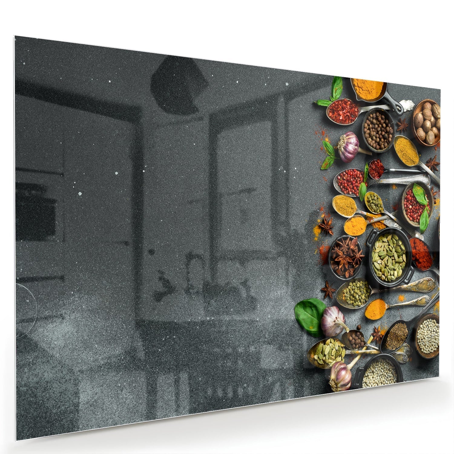 Farbenfrohes Glasbild mit Kräutern und Gewürzen – Glasbild aus Sicherheitsglas, Größe 60x40