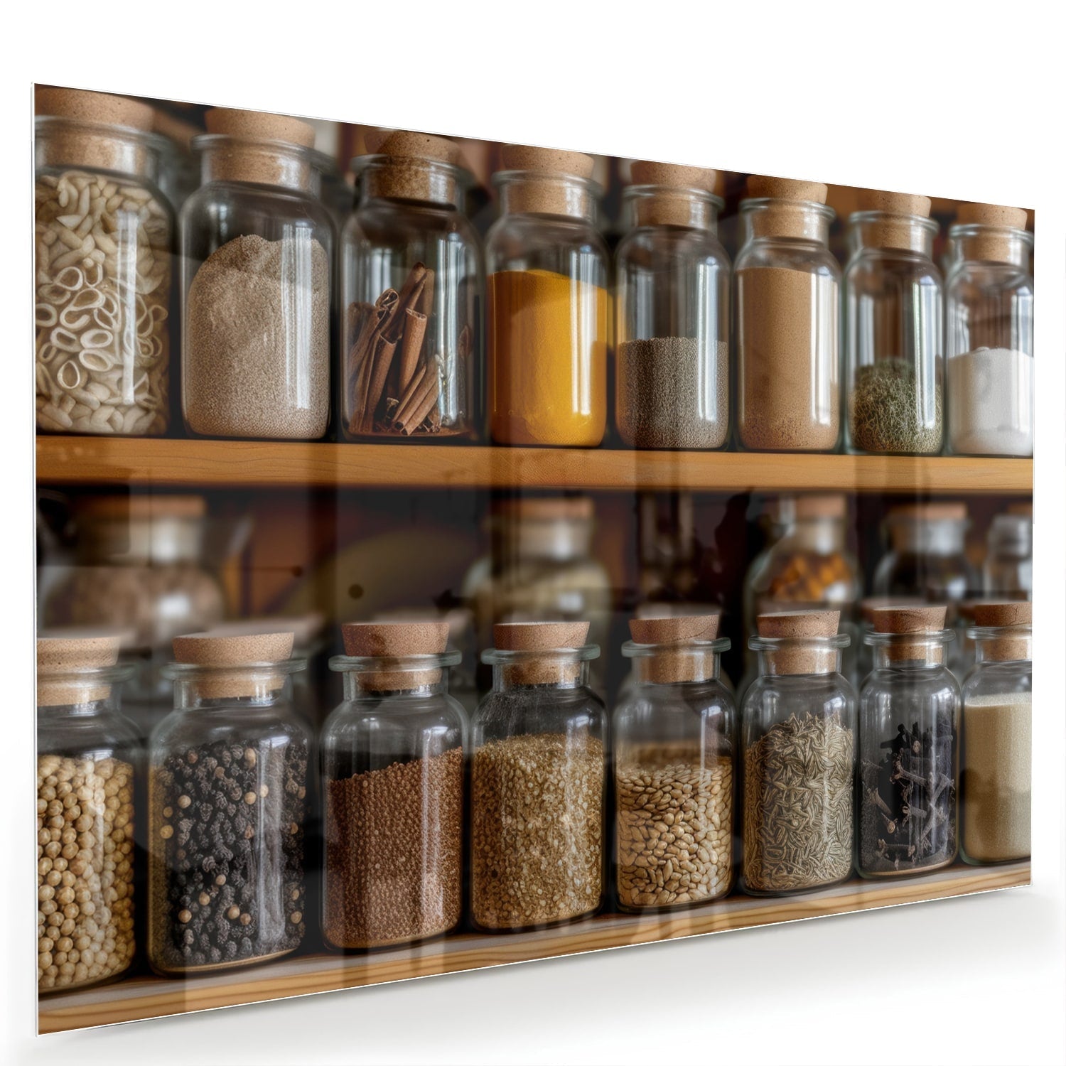 Glasbild mit Gewürzen in Einmachgläsern – Glasbild aus Sicherheitsglas, Größe 60x40