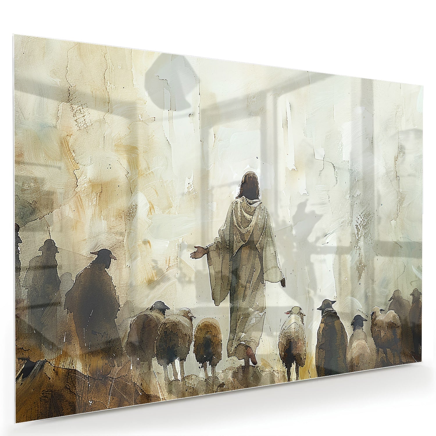 Glasbild mit spirituellem Wegweiser und Schafen – Glasbild aus Sicherheitsglas, Größe 60x40