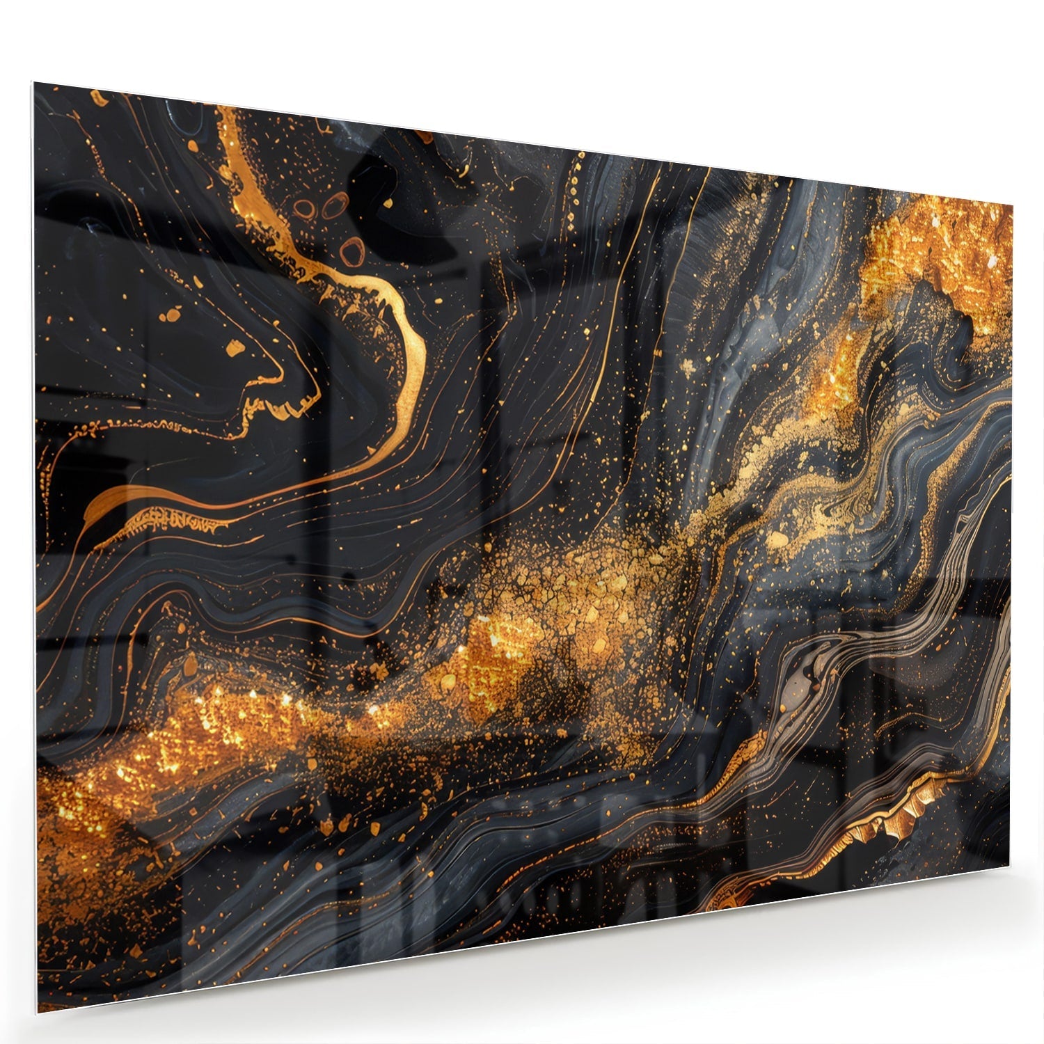 Glasbild mit goldener und schwarzer Marmoroptik – Glasbild aus Sicherheitsglas, Größe 60x40