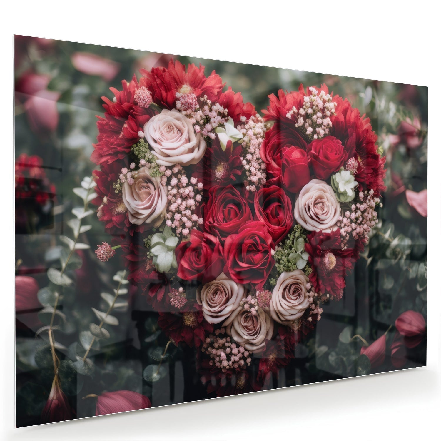 Glasbild mit herzförmigem Blumenmotiv in Rottönen – Glasbild aus Sicherheitsglas, Größe 60x40