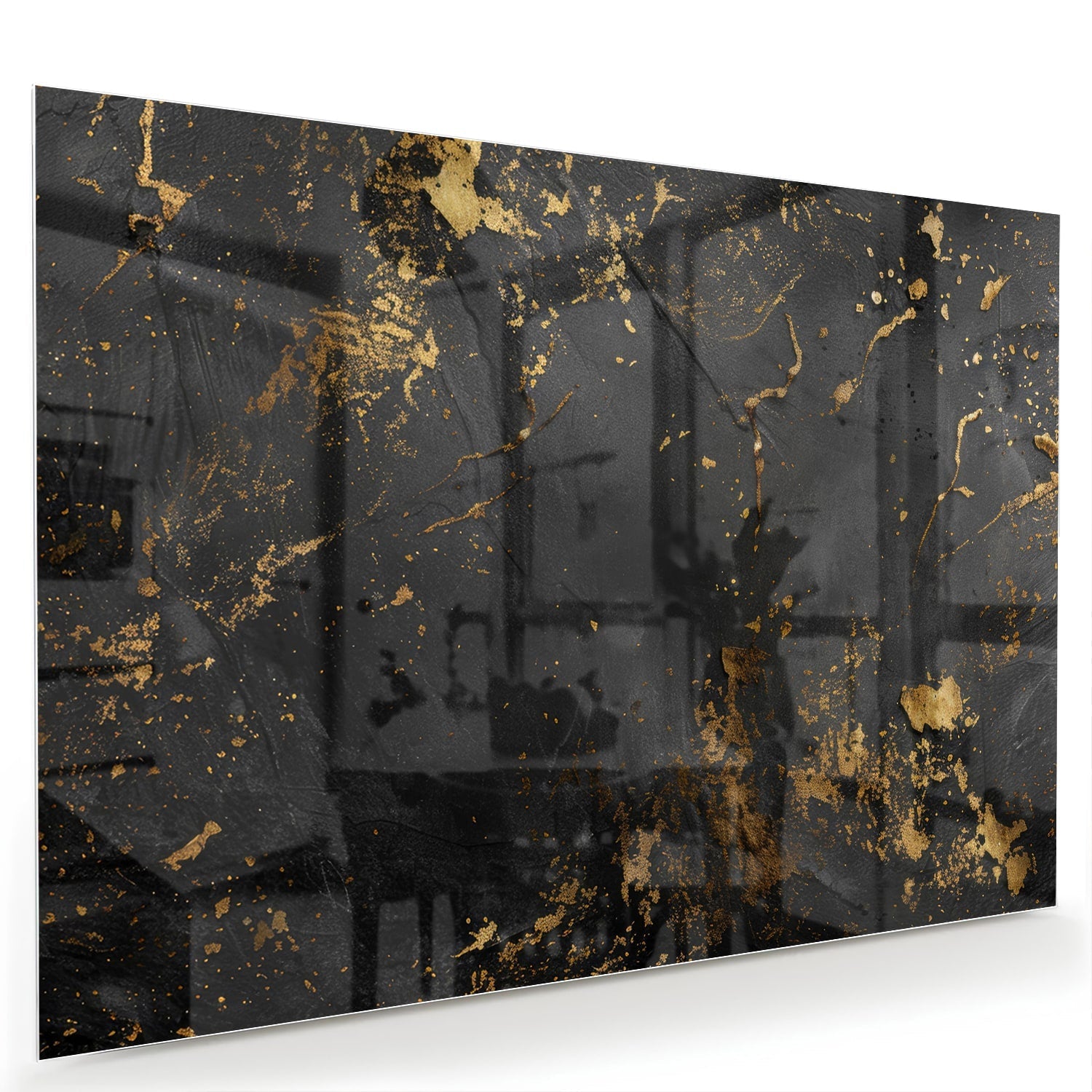 Gold-schwarzes Glasbild mit abstrakten Spritzern – Glasbild aus Sicherheitsglas, Größe 60x40