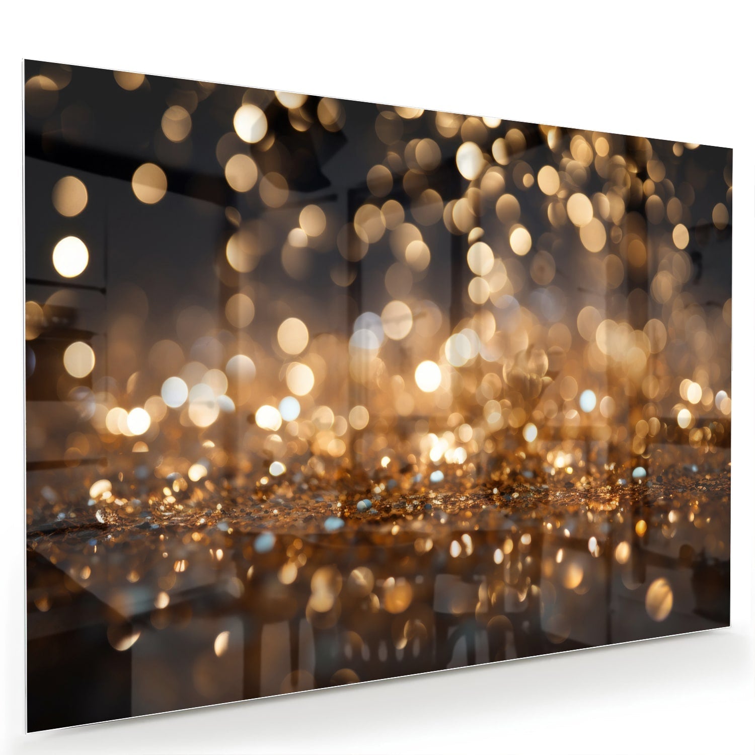 Glasbild mit goldenem Bokeh in moderner Szenerie – Glasbild aus Sicherheitsglas, Größe 60x40