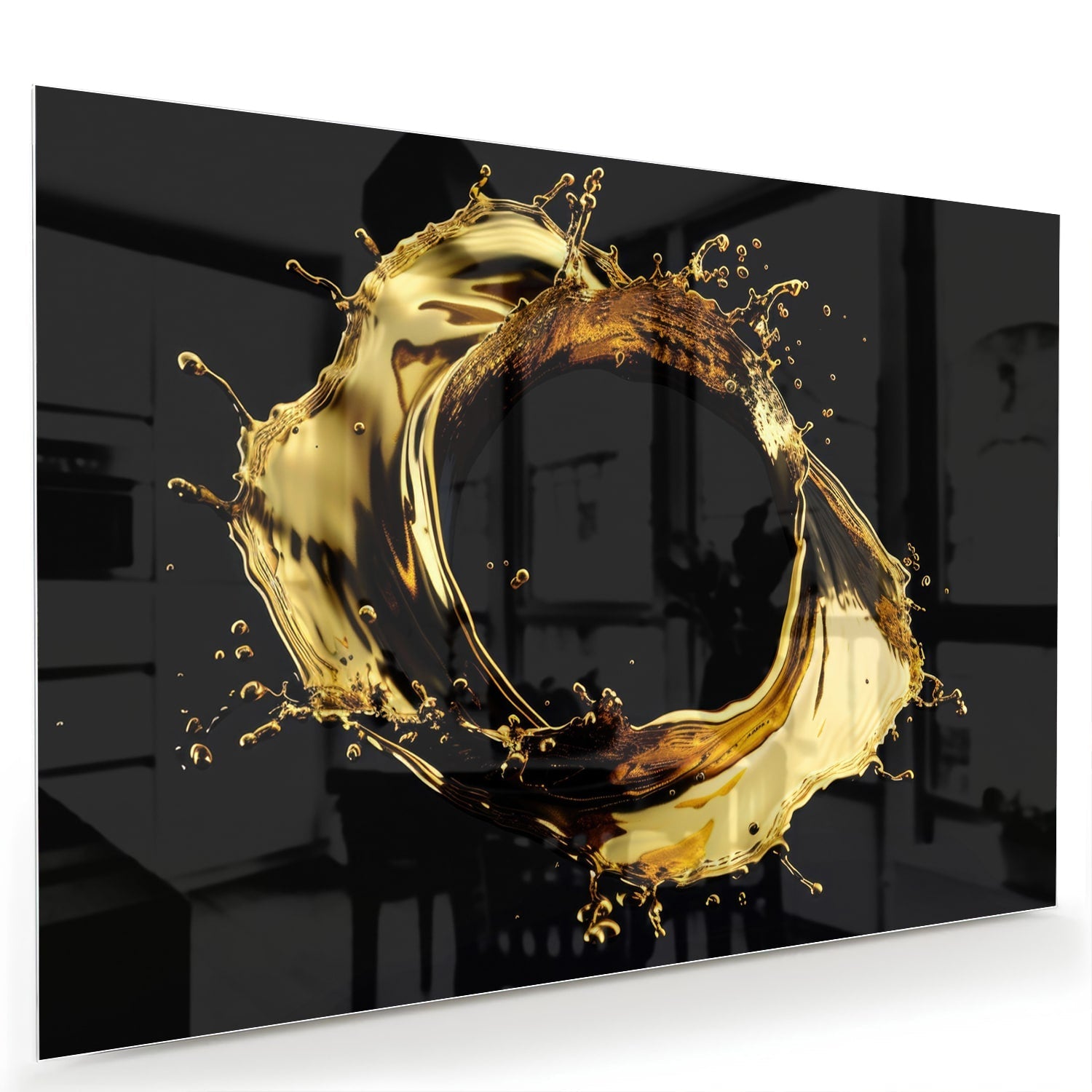 Glasbild mit Spritzern auf schwarzer Fläche – Glasbild aus Sicherheitsglas, Größe 60x40