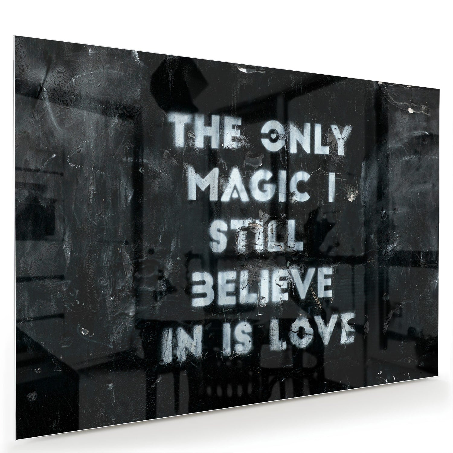 Glasbild mit Schriftzug „Believe in Love“ – Glasbild aus Sicherheitsglas, Größe 60x40