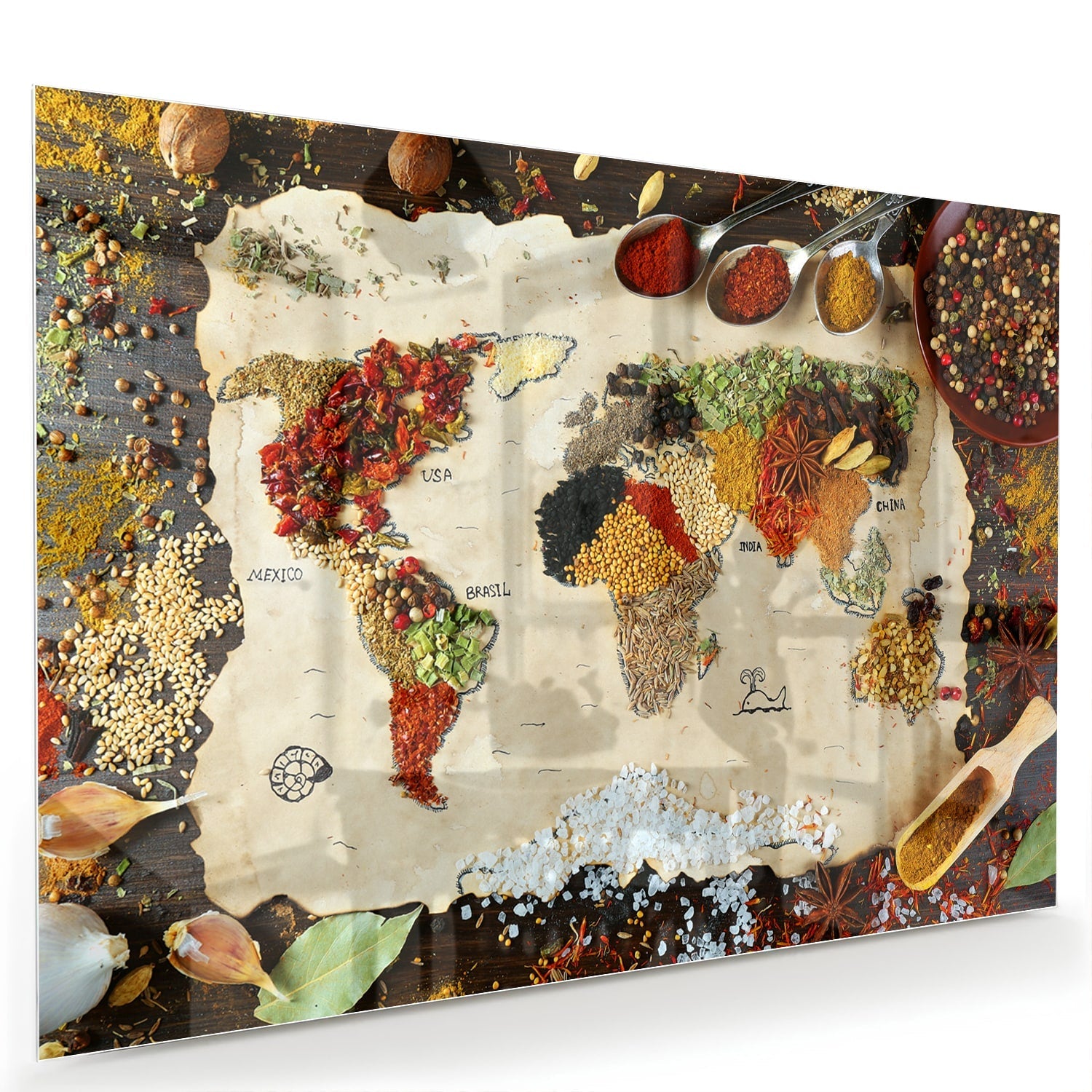 Farbenfrohes Glasbild mit Früchten und Gewürzen – Glasbild aus Sicherheitsglas, Größe 60x40