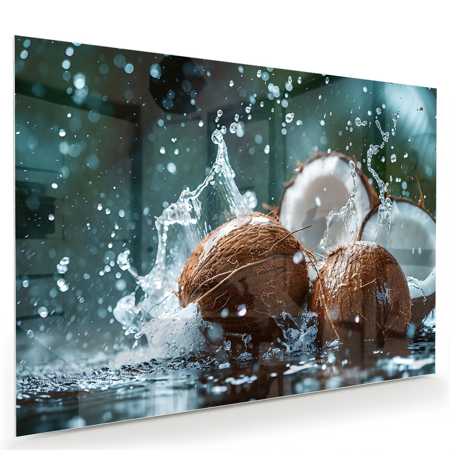 Glasbild Kokosnuss-Trio mit Wasserstrahlen – Glasbild aus Sicherheitsglas, Größe 60x40