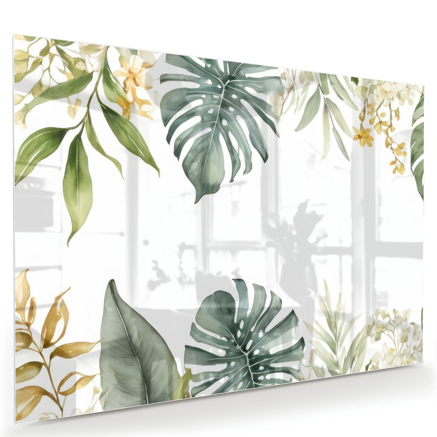 Glasbild mit tropischen Blättern und botanischer Flora – Glasbild aus Sicherheitsglas, Größe 60x40