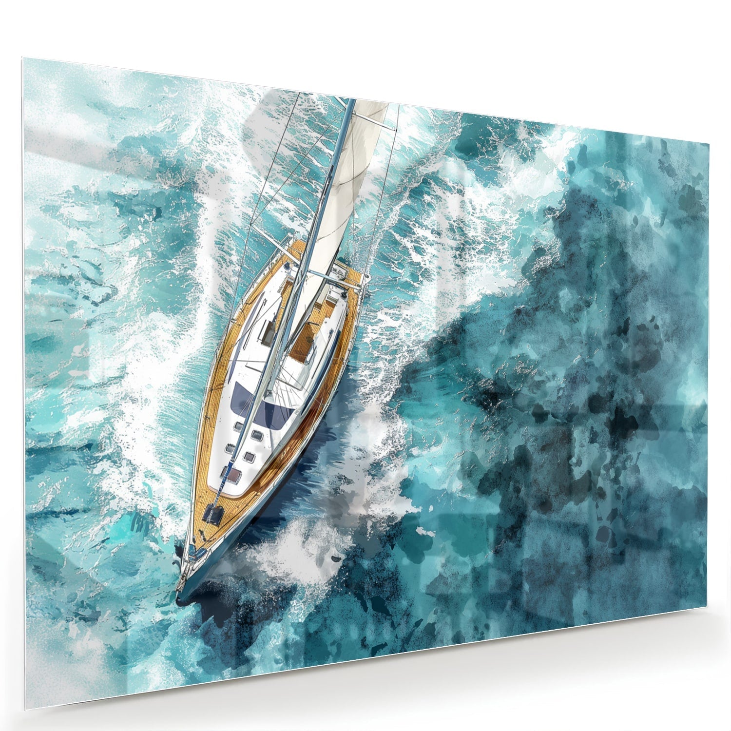 Wunderschönes Glasbild mit einer Yacht auf dem See – Glasbild aus Sicherheitsglas, Größe 60x40