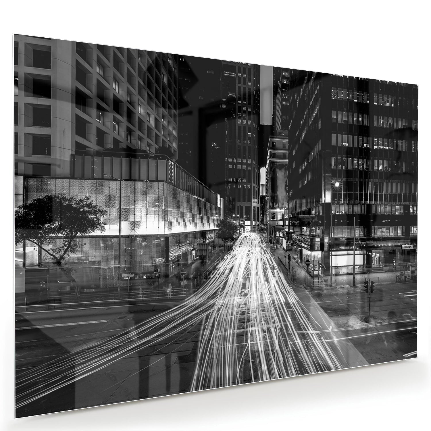 Schwarz-Weiß-Glasbild mit Stadtlichtern – Glasbild aus Sicherheitsglas, Größe 60x40