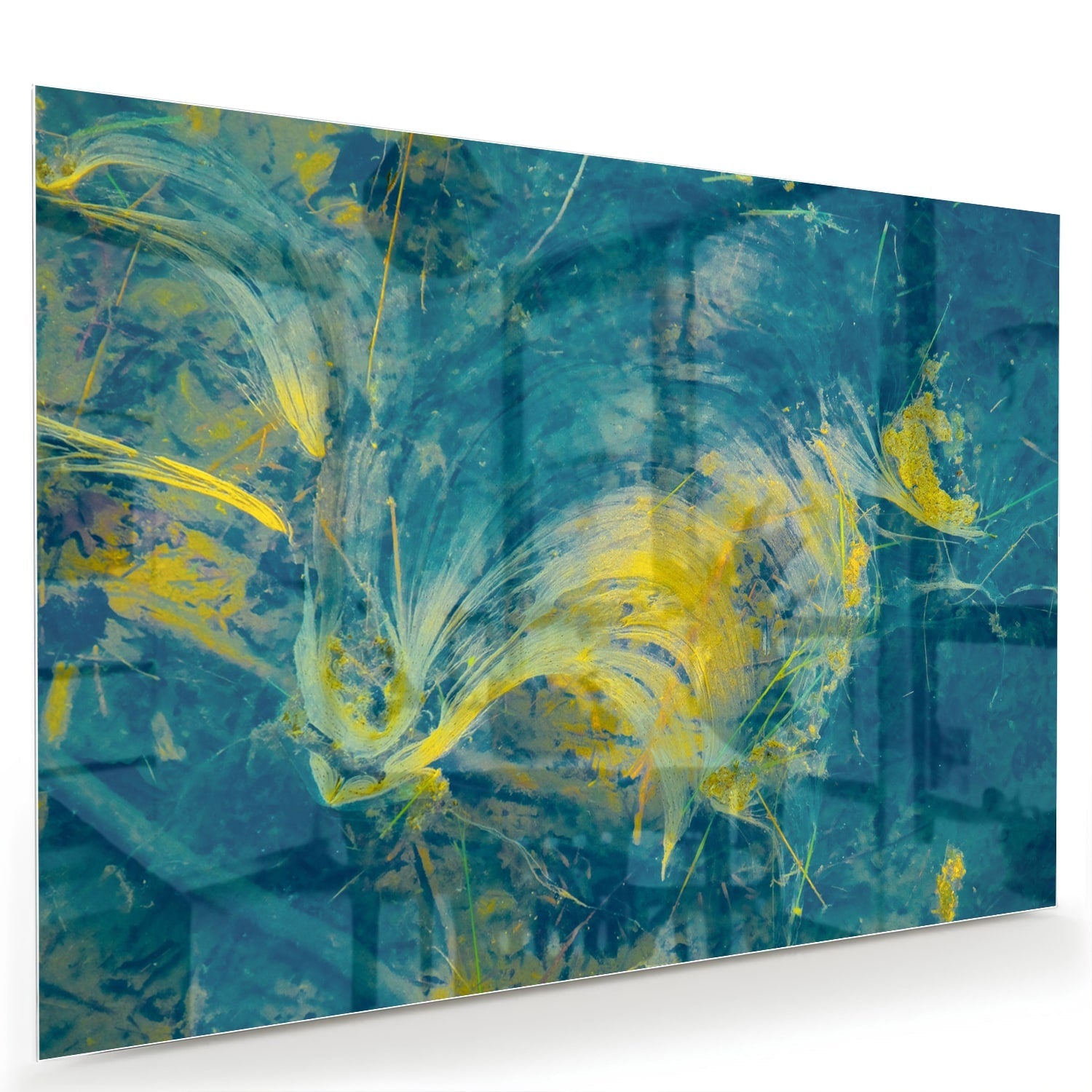 Farbenfrohes Glasbild mit abstraktem blau-gelbem Muster – Glasbild aus Sicherheitsglas, Größe 60x40