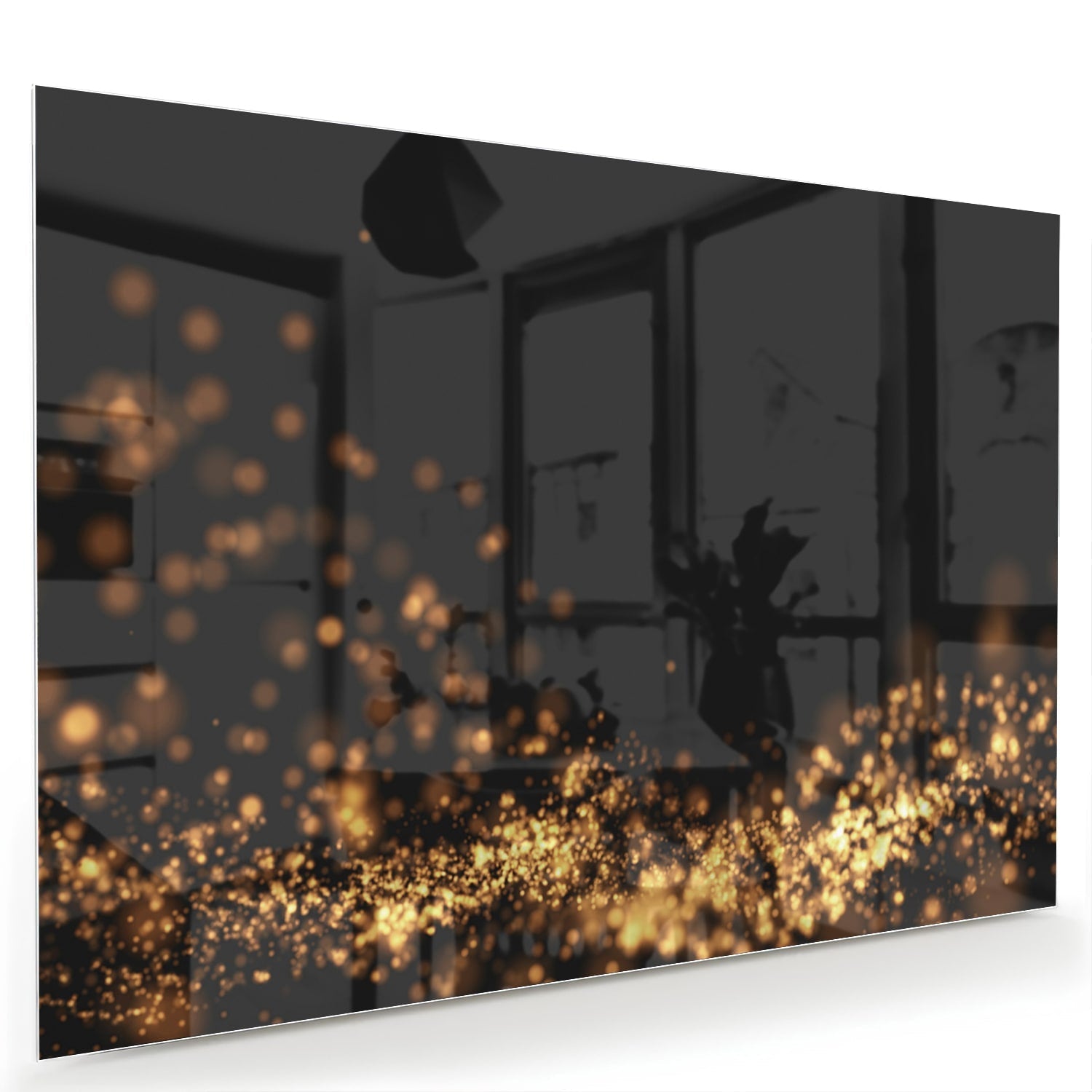 Glasbild mit goldenen Lichtpunkten auf schwarzem Hintergrund – Glasbild aus Sicherheitsglas, Größe 60x40
