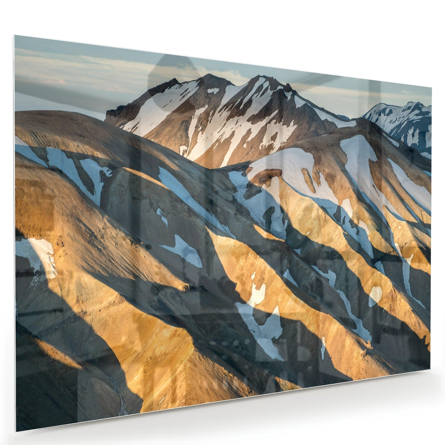 Glasbild mit Bergen und sanften Farben – Glasbild aus Sicherheitsglas, Größe 60x40