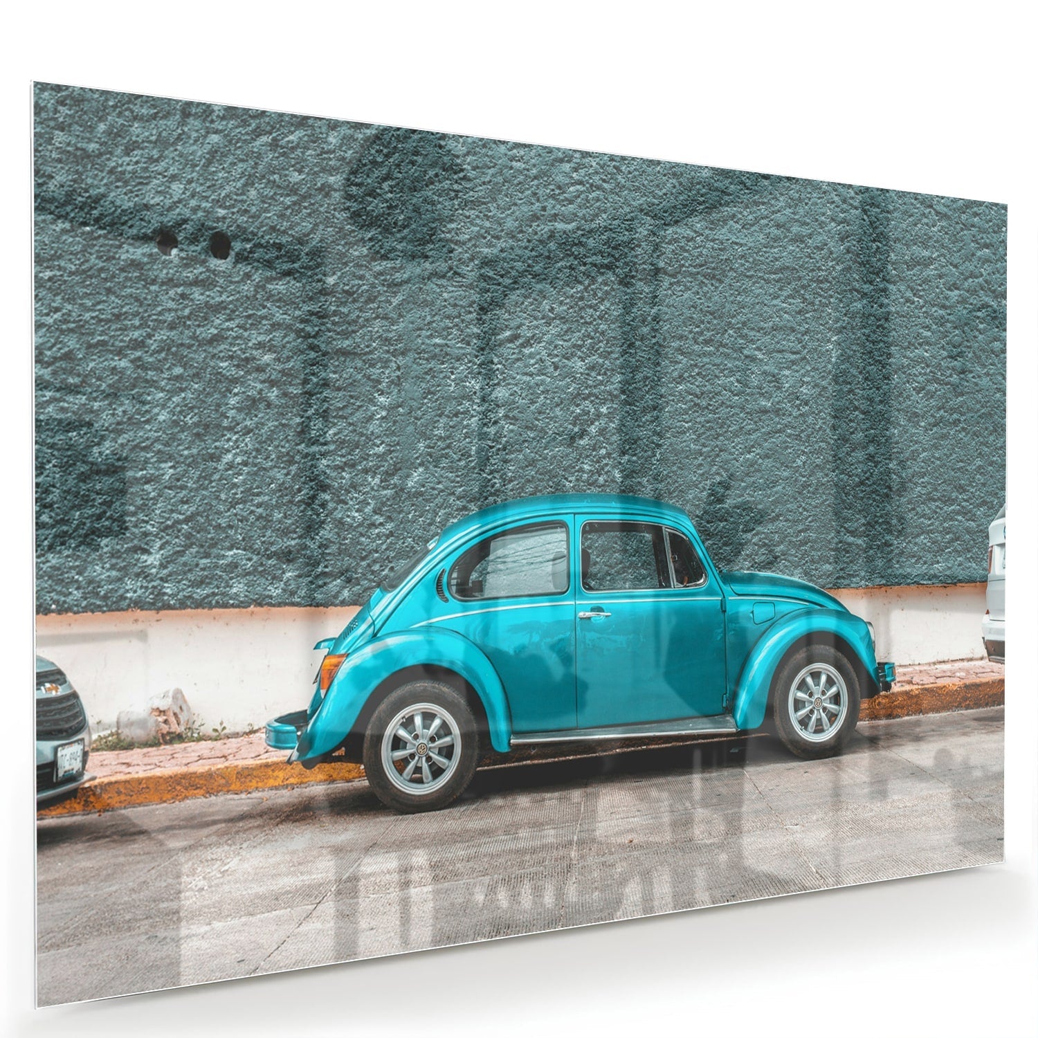 Stilvolles Glasbild mit einem türkisen Auto – Glasbild aus Sicherheitsglas, Größe 60x40