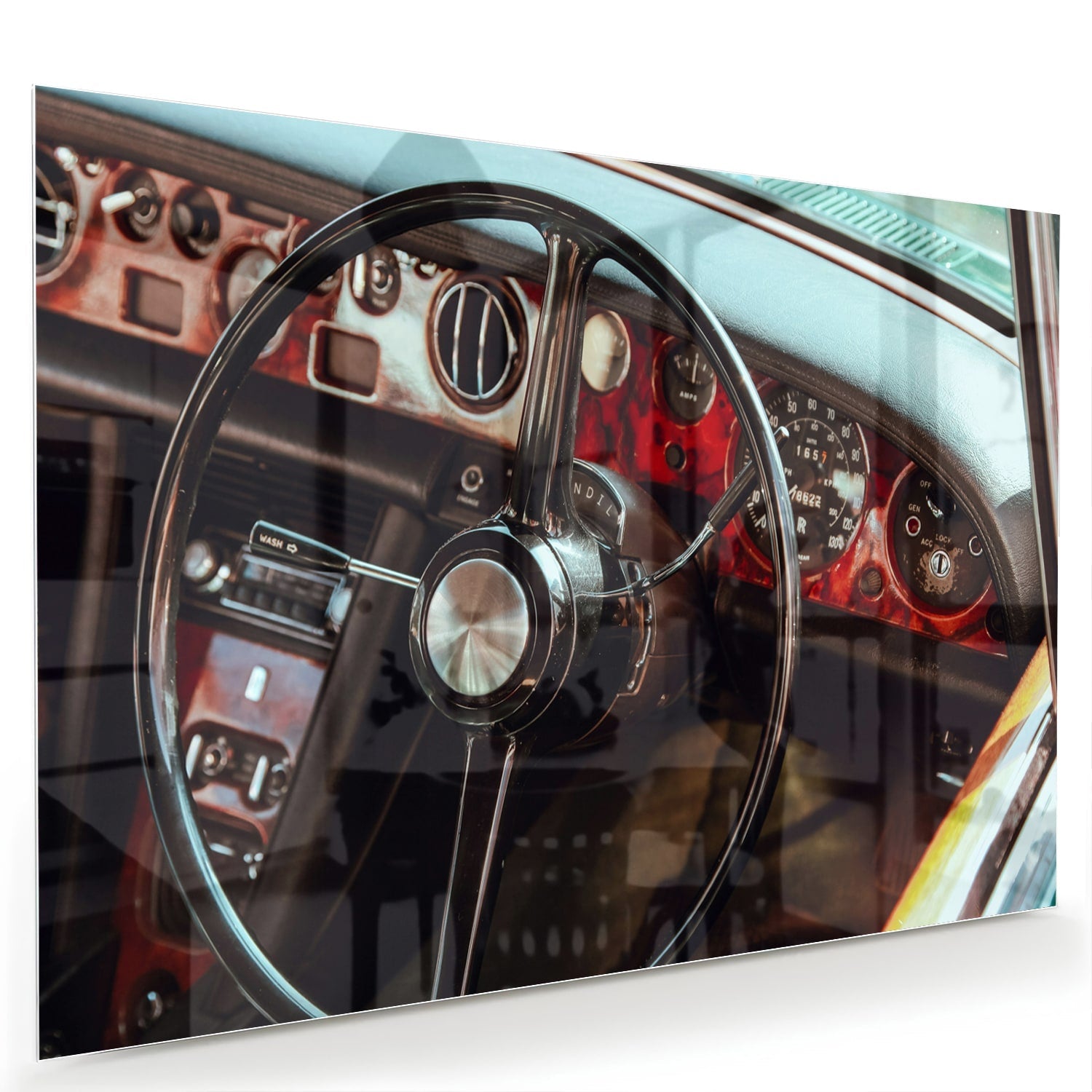 Retro-Auto-Glasbild mit Armaturenbrett für Liebhaber – Glasbild aus Sicherheitsglas, Größe 60x40
